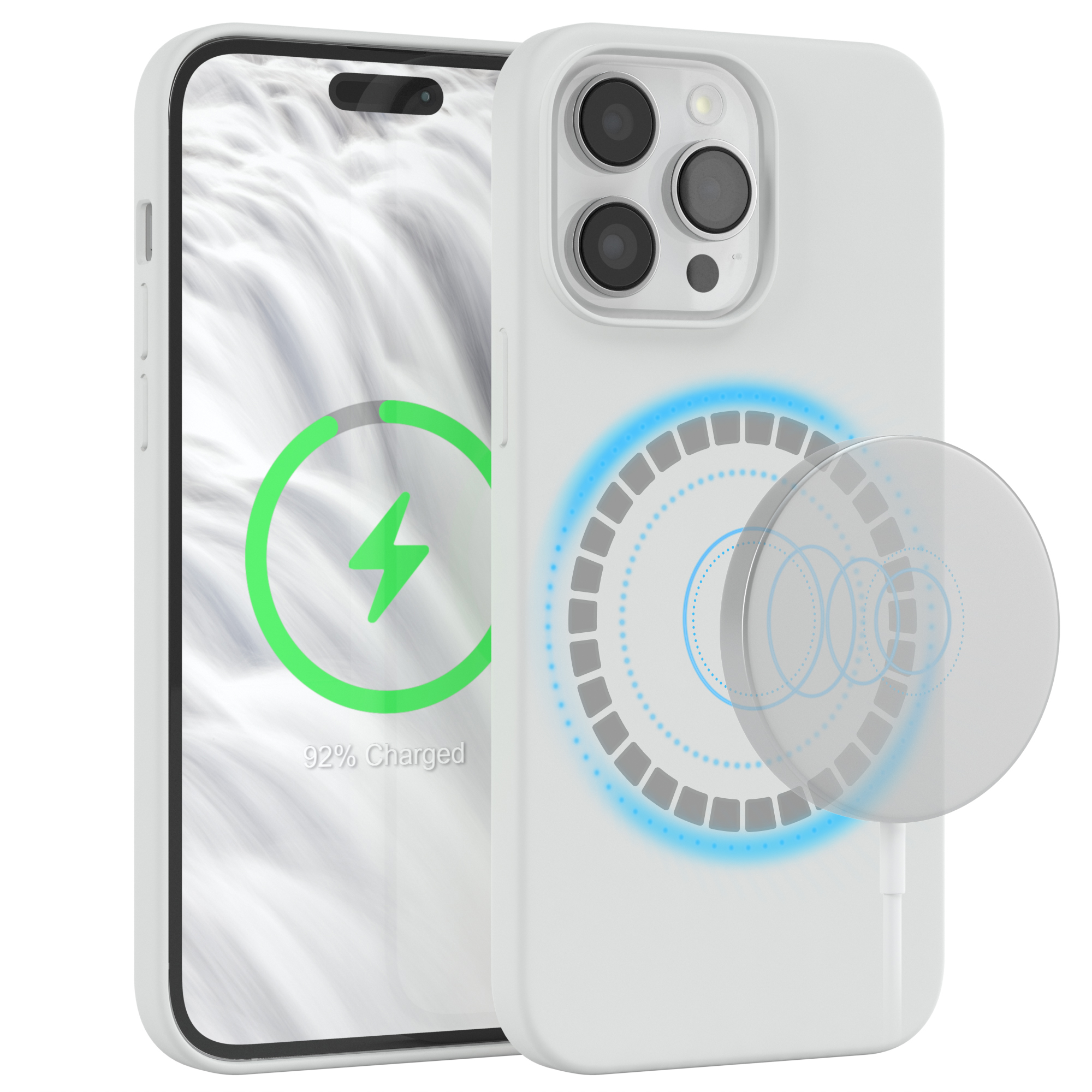 Weißes Telefon mit weißer Hülle. Ein Ladesymbol ist auf dem Bildschirm mit 92%.