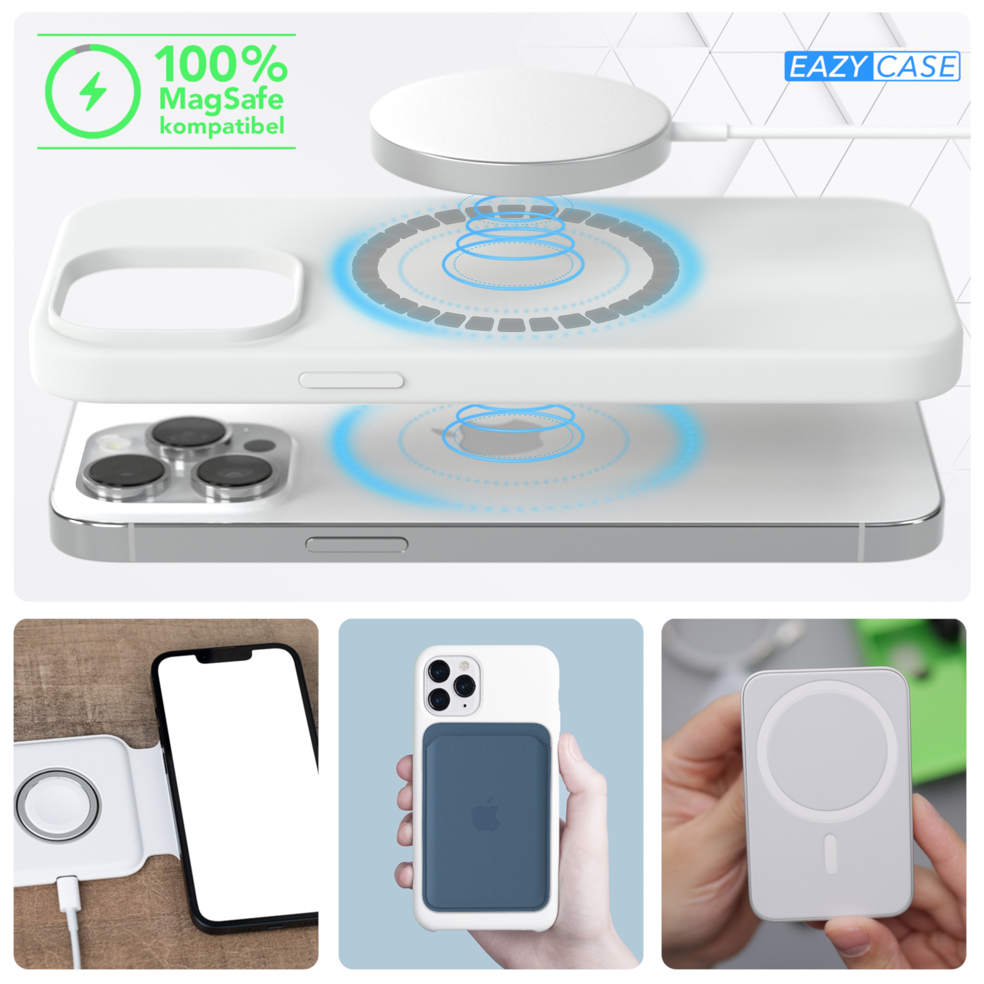 Ein Telefon und Zubehör, die kabellose Ladefunktionen und MagSafe-Kompatibilität anzeigen.
