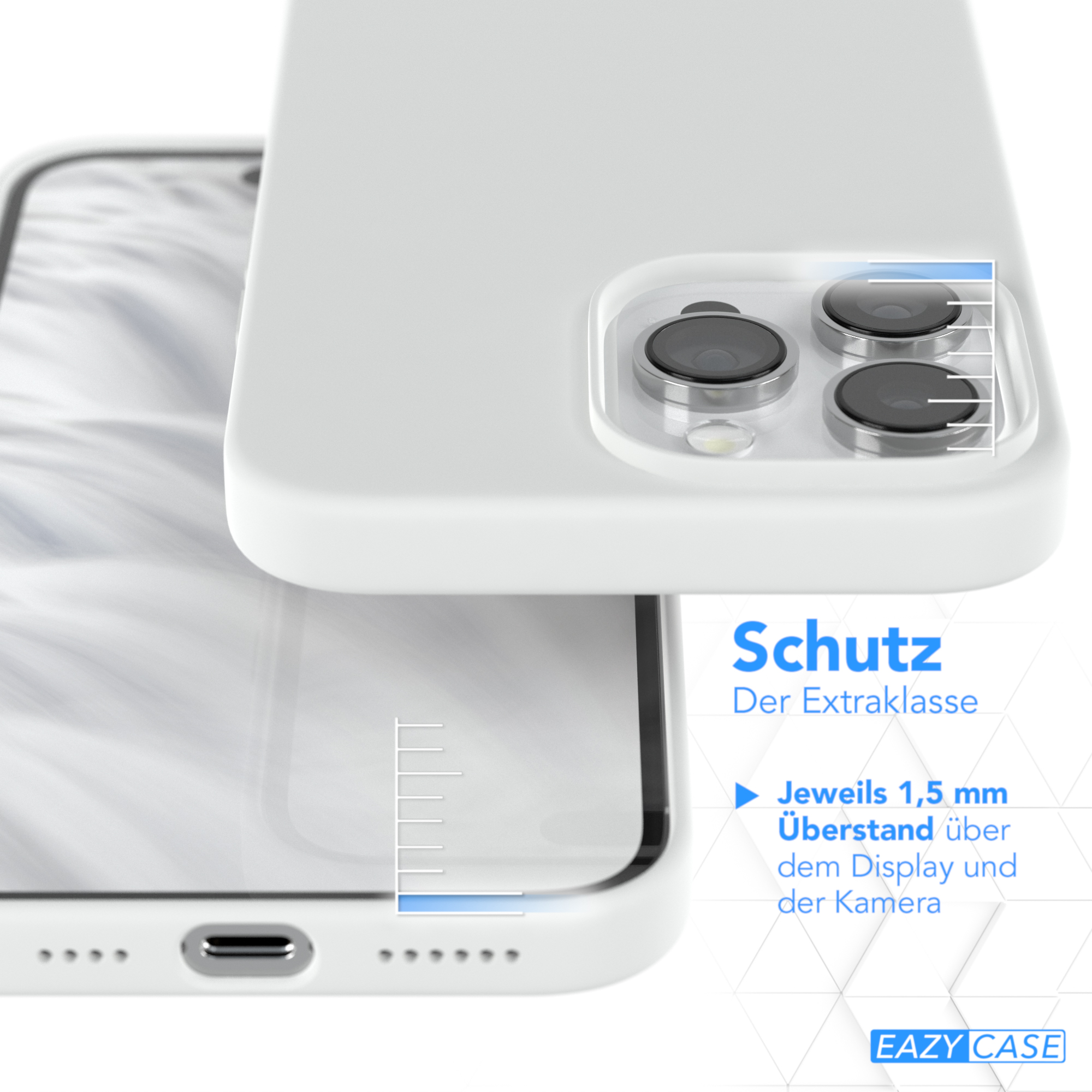 Weiße Handyhülle, vergrößert, mit Text zum Display- und Kameraschutz.
