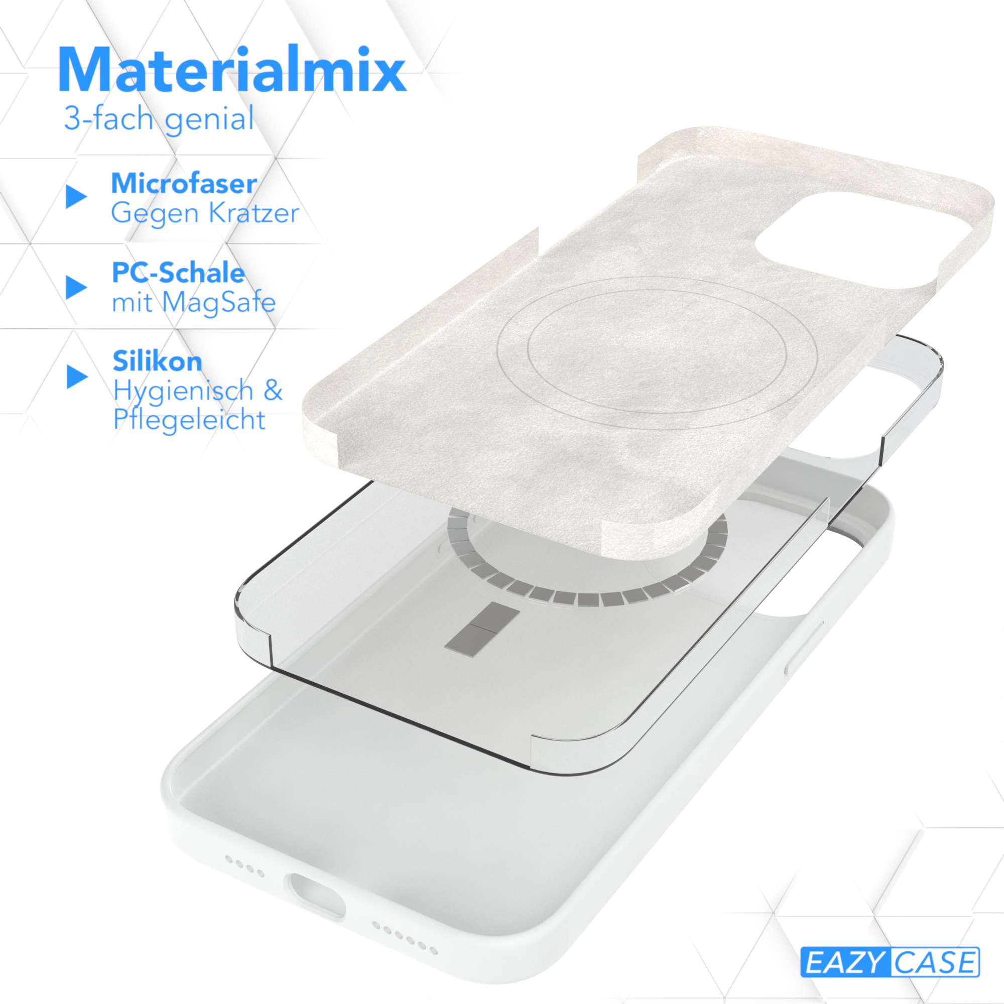 Eine mehrschichtige Handyhülle mit Mikrofasern, PC-Schale mit MagSafe und Silikonkomponenten.