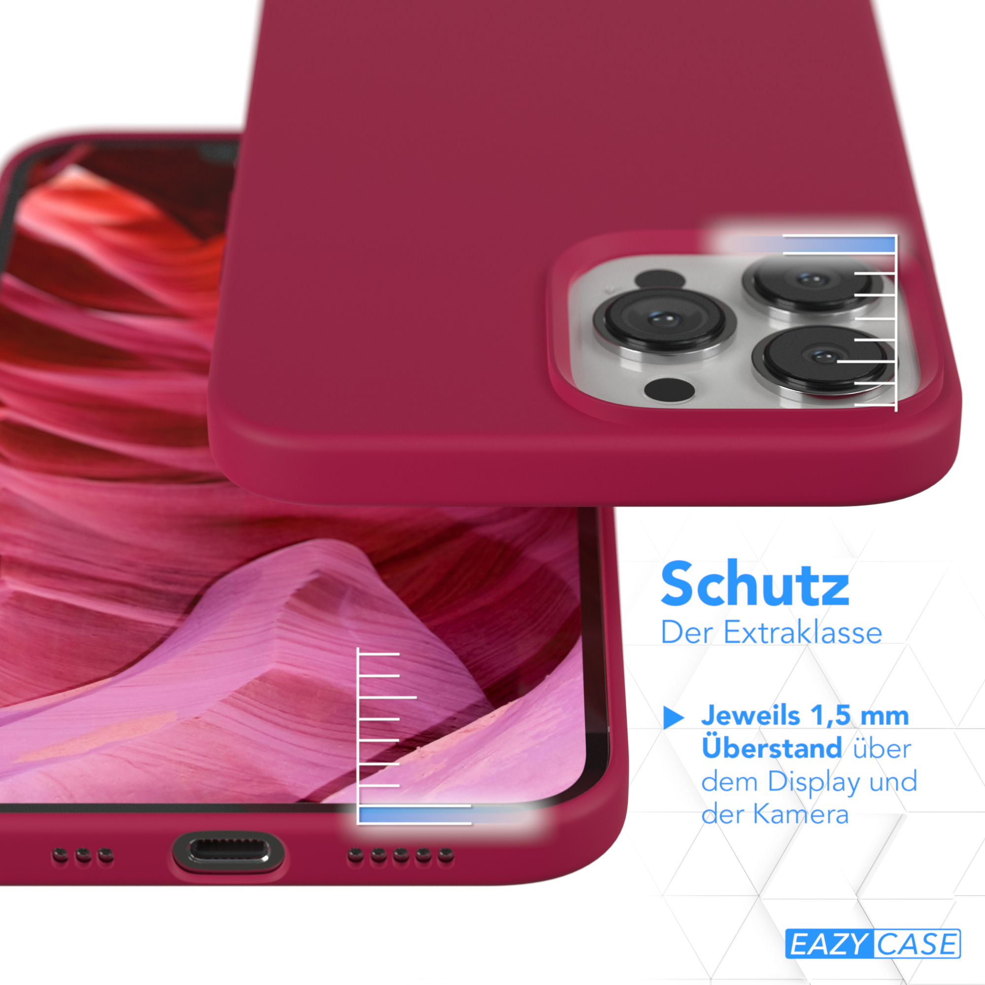 Handyhülle mit rotem Farbton. Text: Schutz. Messungen für Display- und Kameraschutz gezeigt.