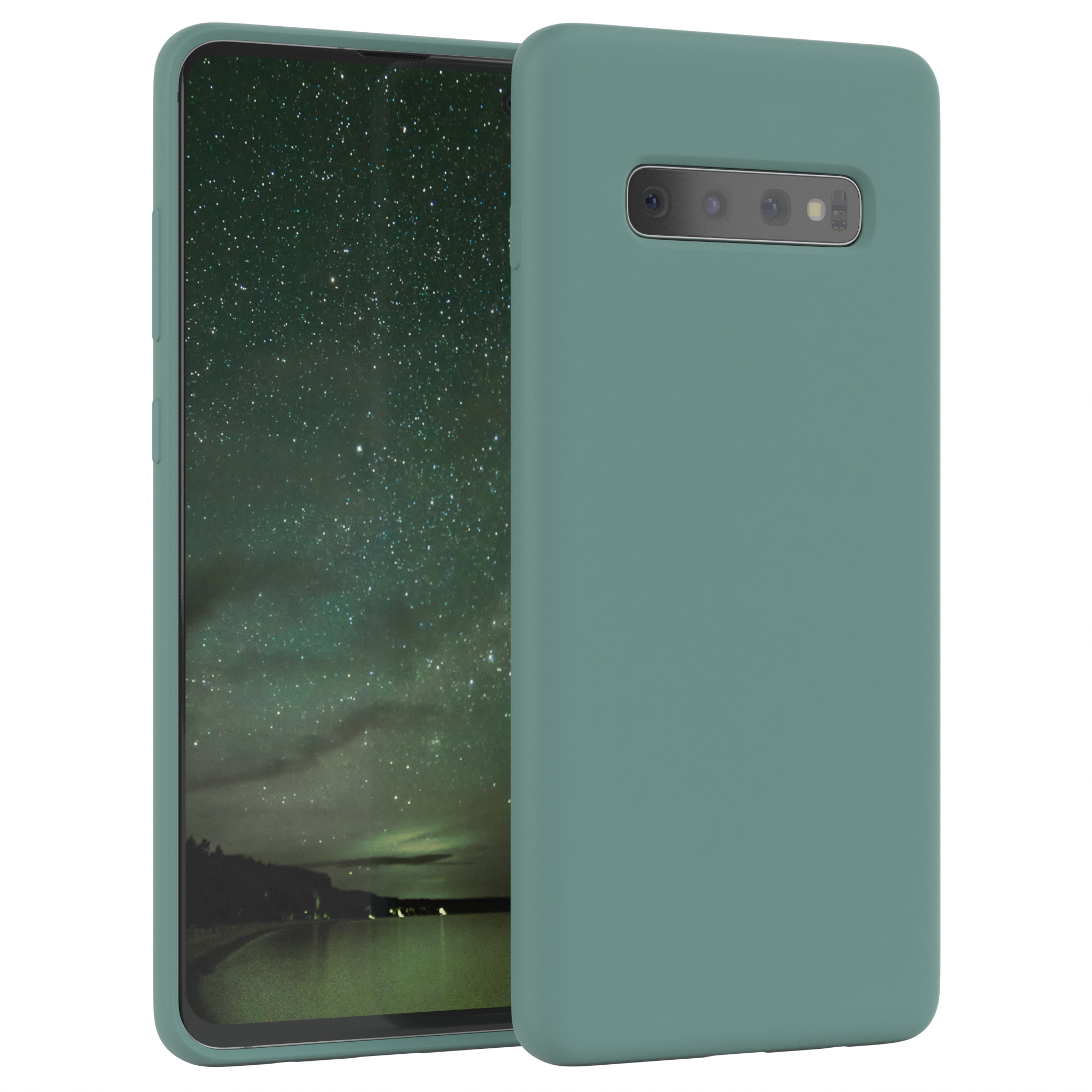 Grüne Handyhülle auf einem Handy mit Sternennacht. Der Hintergrund ist weiß.