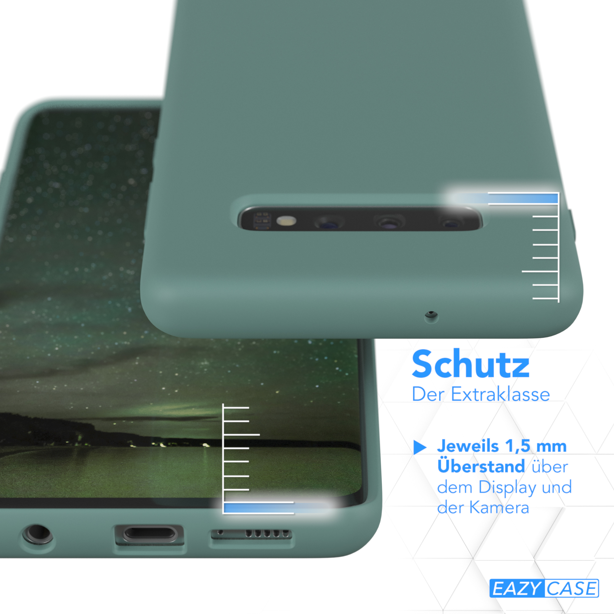Eine teal Handyhülle mit einem Telefon darin, mit einer schützenden Kante. Text: Schutz Der Extraklasse.
