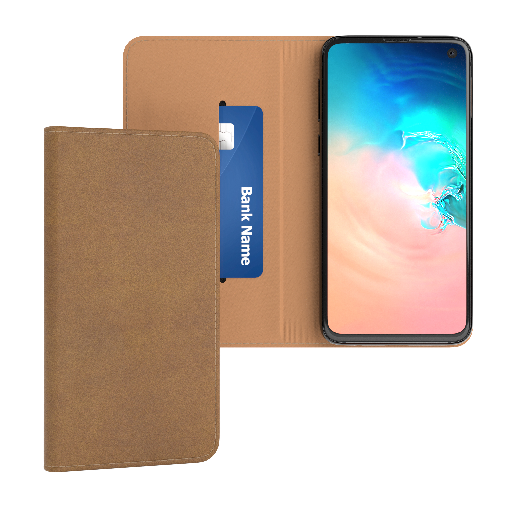 Eine braune Handyhülle mit einer Karte darin. Das Telefon zeigt einen blauen Hintergrund.