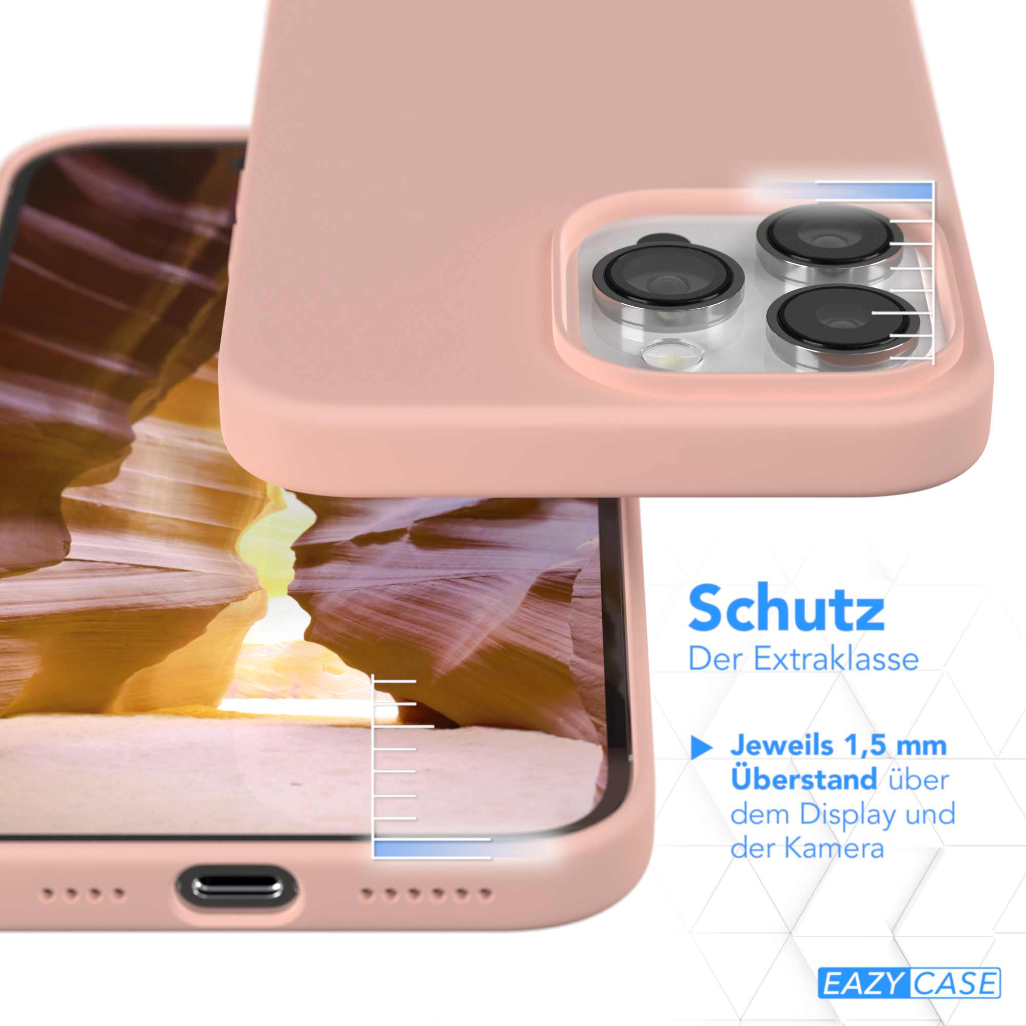Nahaufnahme der Handyhülle. Text: Schutz. 1,5 mm über Display und Kamera.