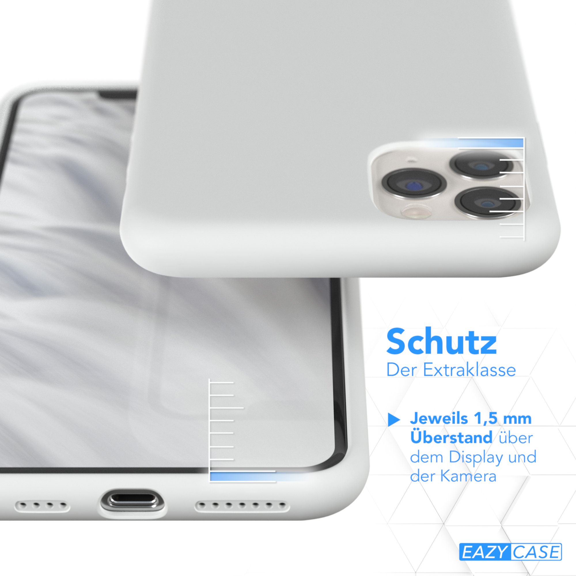 Eine weiße Handyhülle mit Telefon innen und Text auf Deutsch.