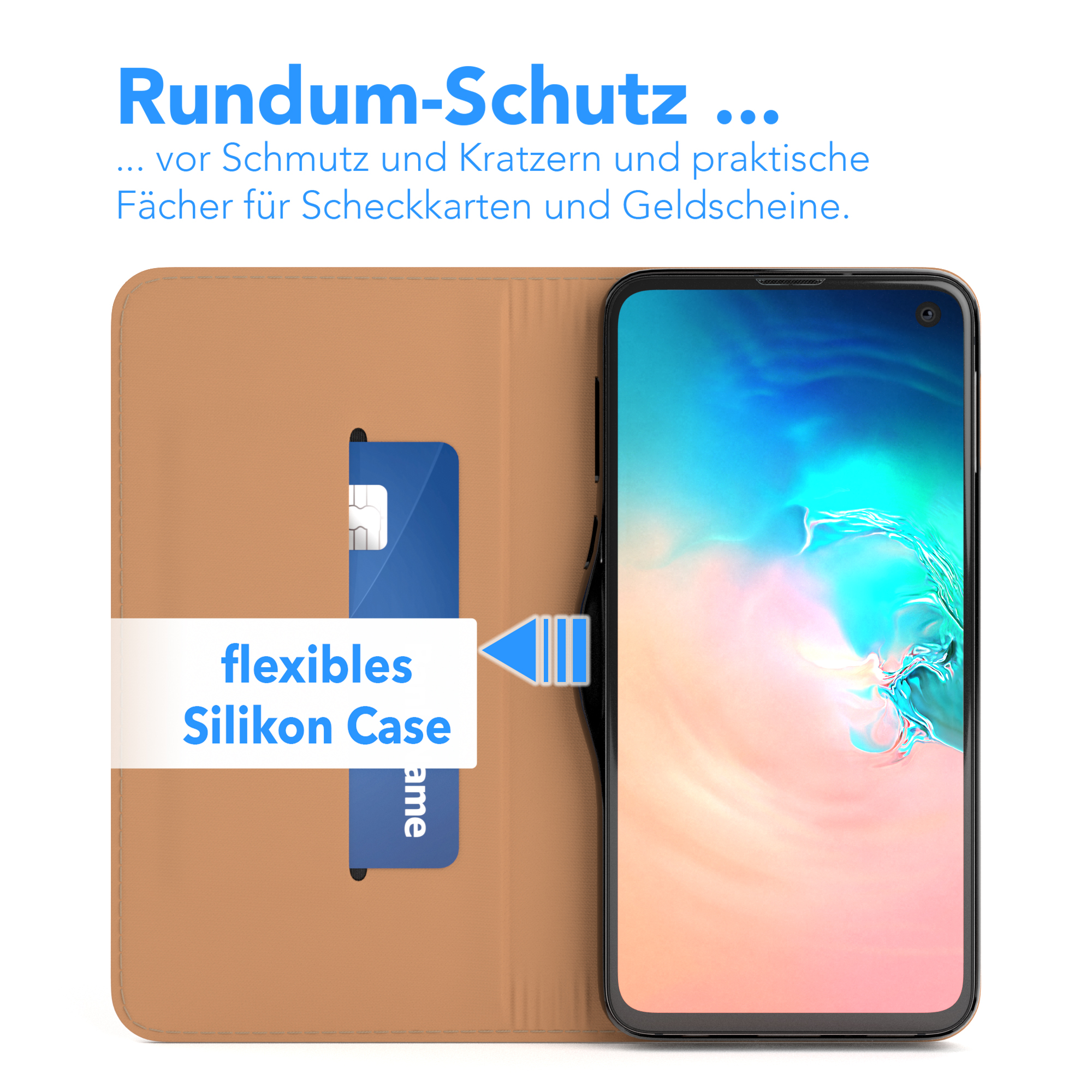 Telefon in Hülle mit Karte und Geld in der Tasche.