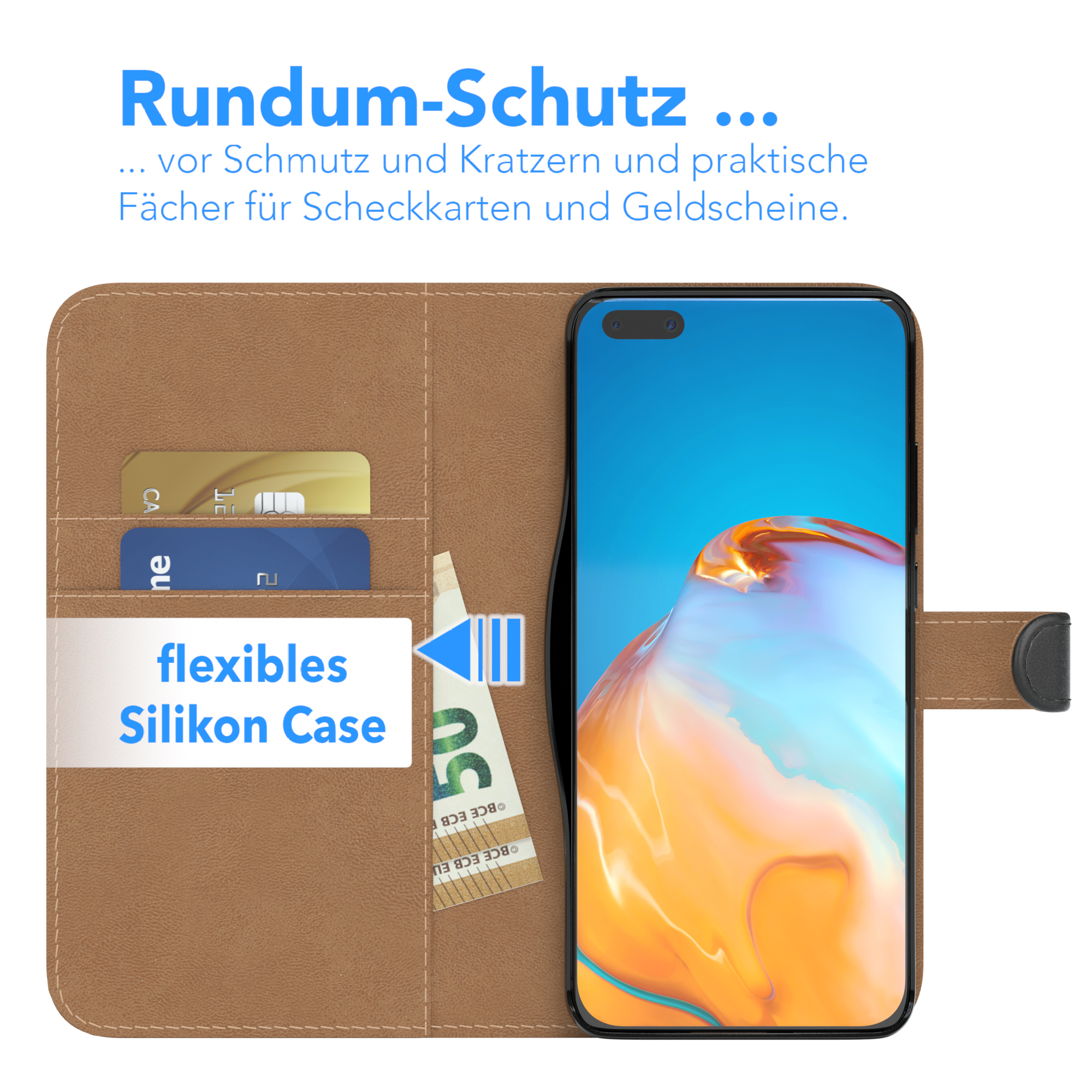 Braune Handyhülle mit Karten und Bargeld, schwarzes Telefon rechts.