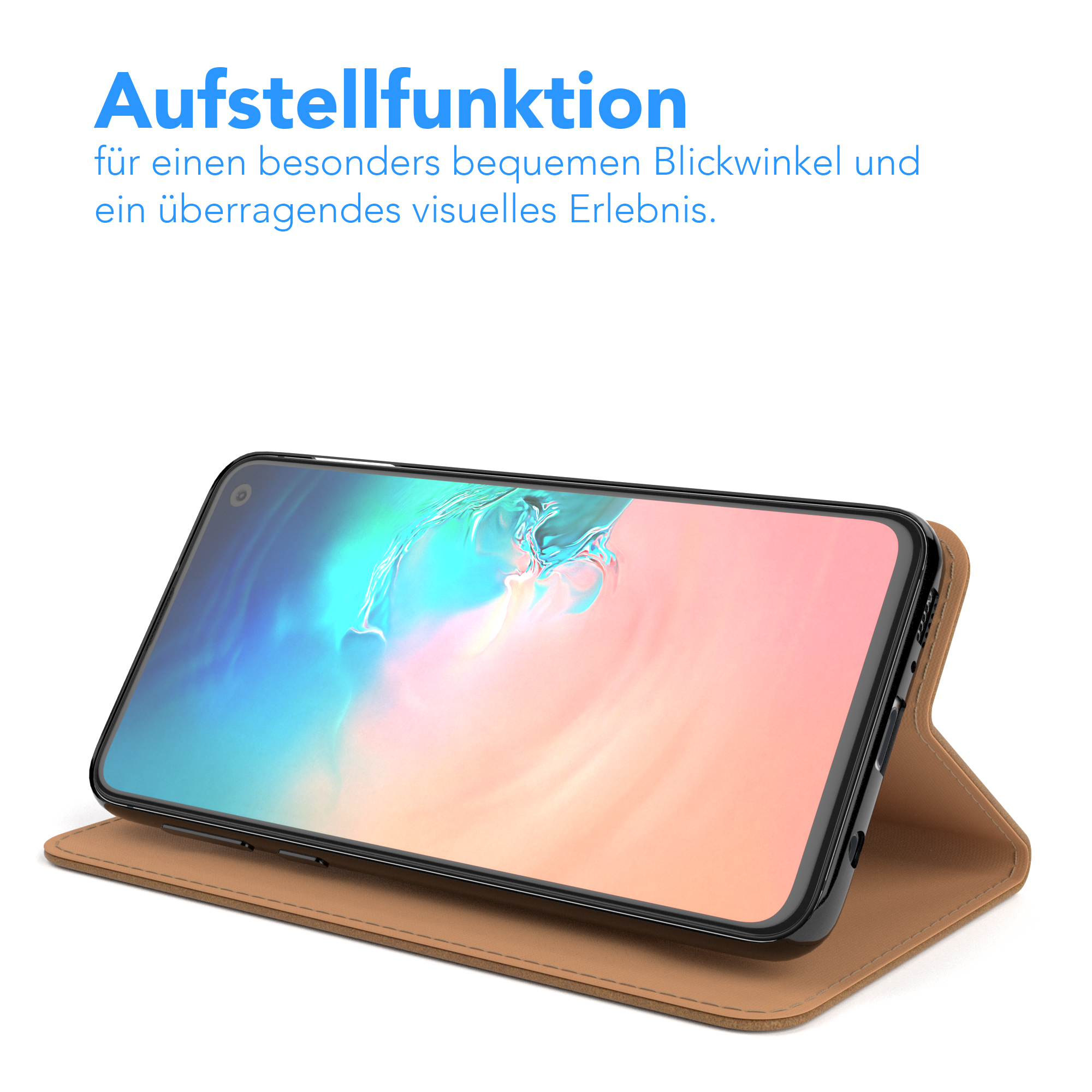 Telefon in einer braunen Handyhülle, aufgestellt.