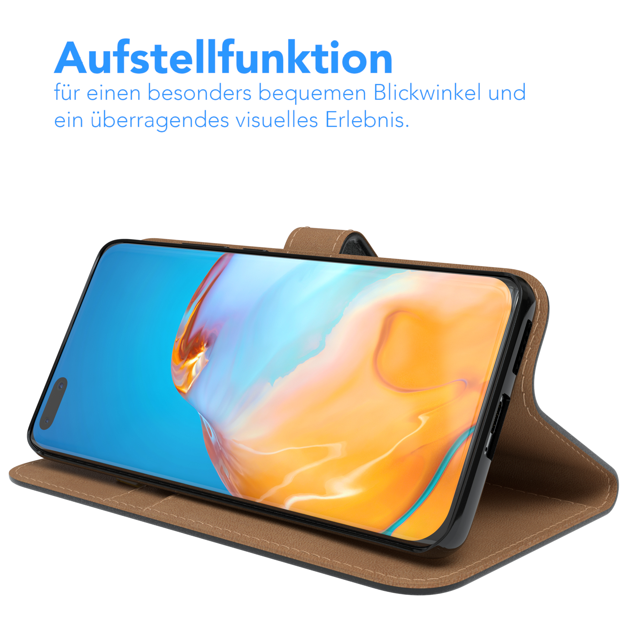 Geöffnete Handyhülle, Telefon zeigt blauen Bildschirm. Braune Hülle, weißer Hintergrund.