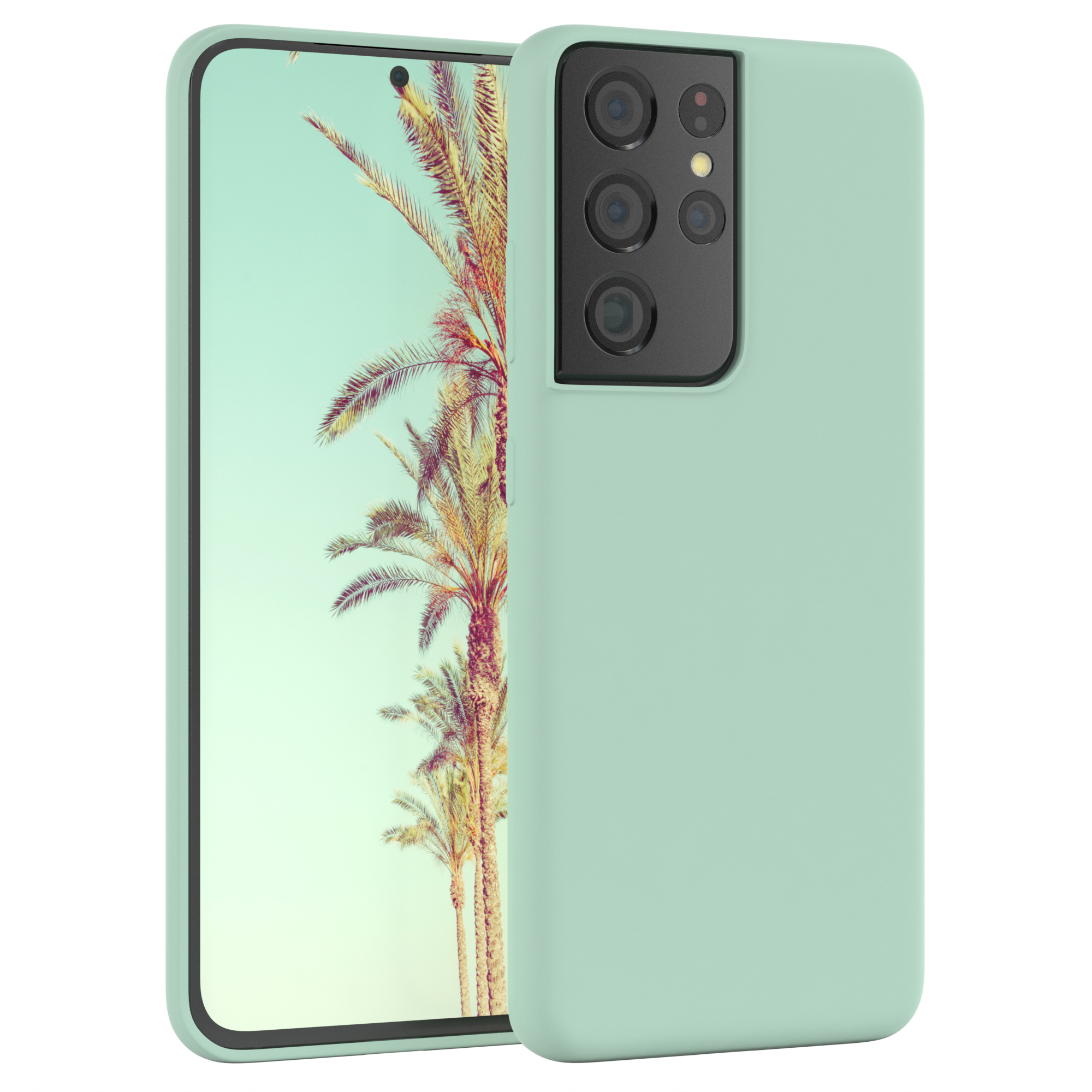 Mintgrüne Handyhülle mit einem Telefon, das einen Strand mit Palmen zeigt.