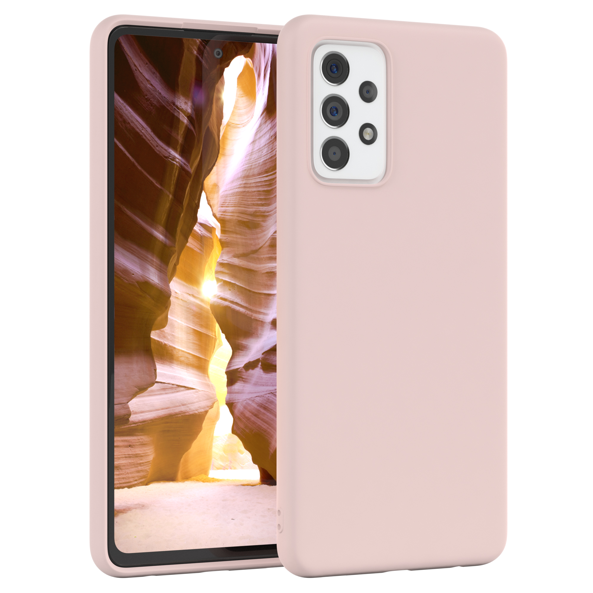 Rosa Handyhülle und ein Telefon. Das Telefon steht im Mittelpunkt.