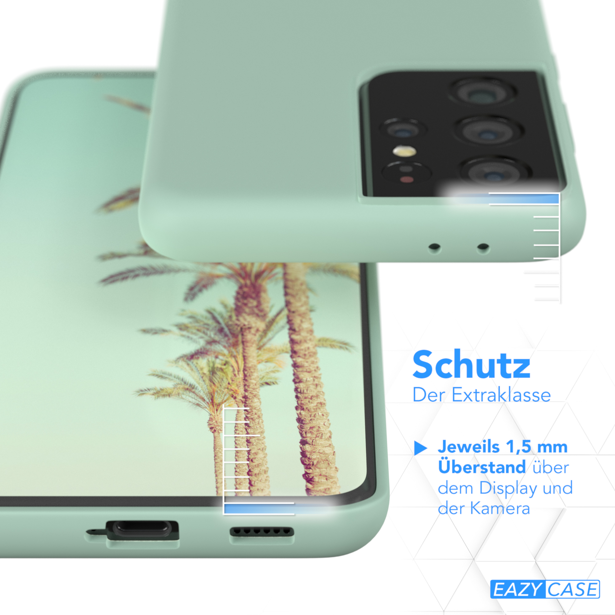 Eine grüne Handyhülle und ein Telefon, die Hülle befindet sich über dem Telefon. Es gibt eine Schutzbeschreibung.
