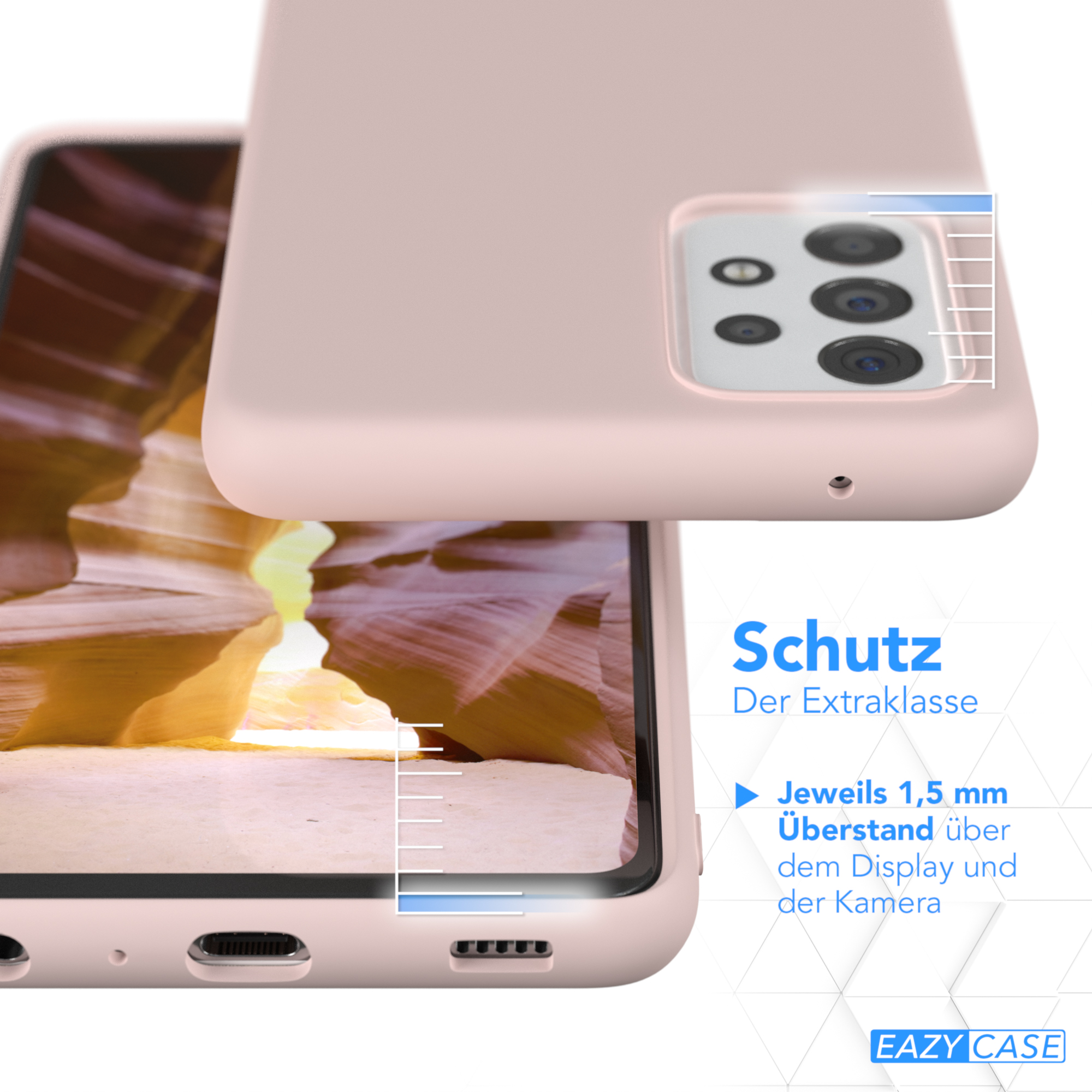 Rosa Handyhülle über Telefon, verschwommener Canyon Hintergrund.