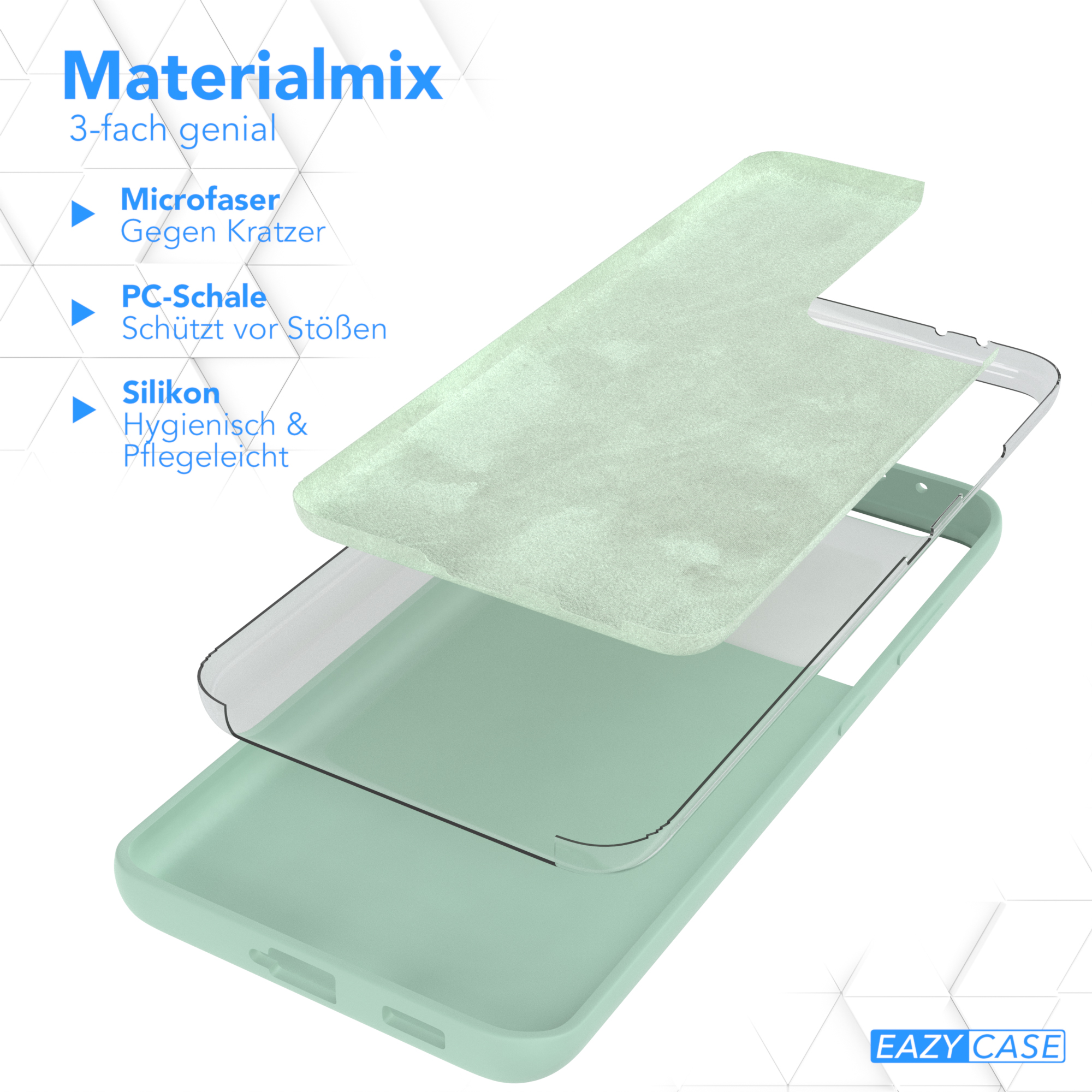Handyhülle mit Materialschichten: Mikrofaser, PC-Schale und Silikon. Text über Funktionen.