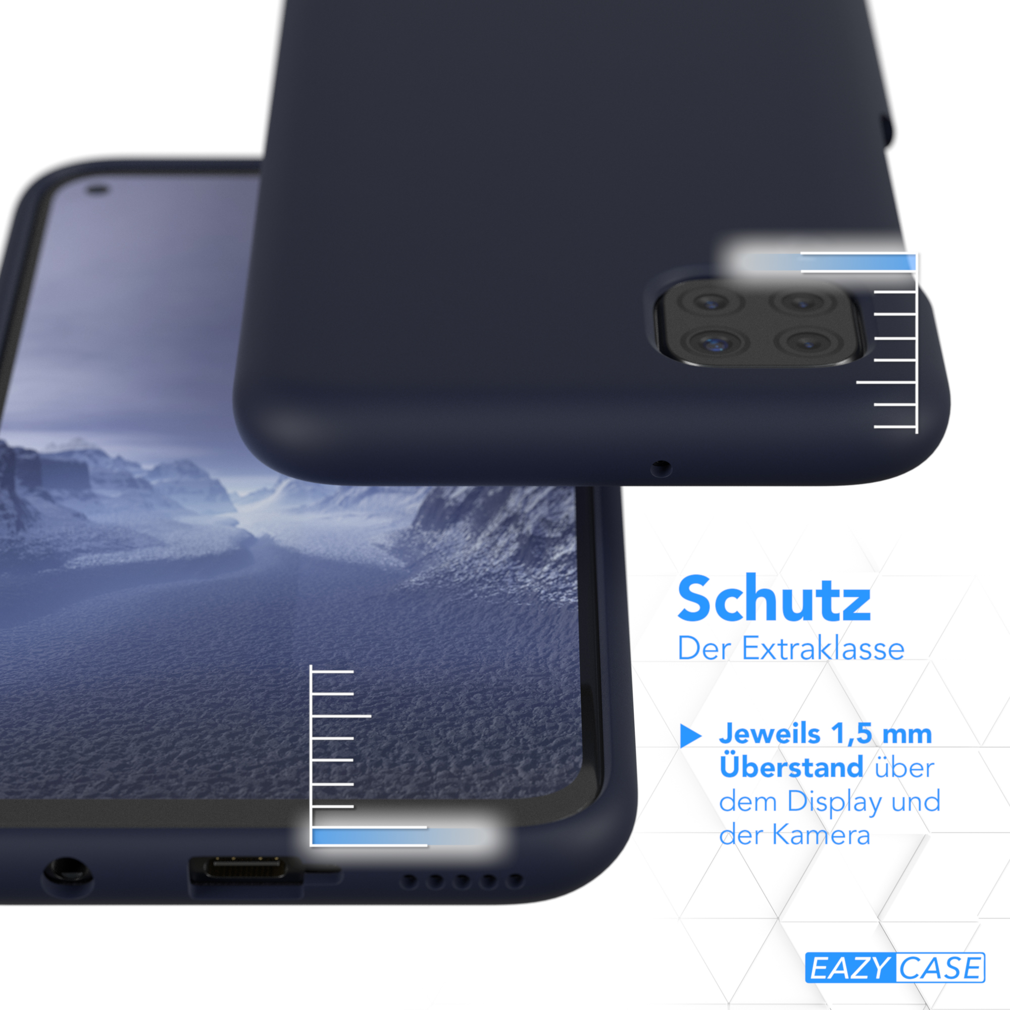 Dunkelblaue Handyhülle mit Telefon. Messlinien zeigen Kamera- und Displayschutz an.