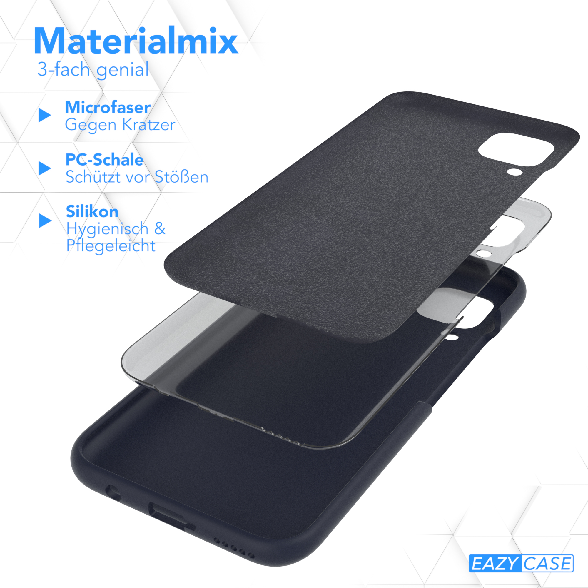 Handyhüllen-Schichten werden gezeigt. Mikrofaser, PC-Schale und Silikon sind die Materialien.