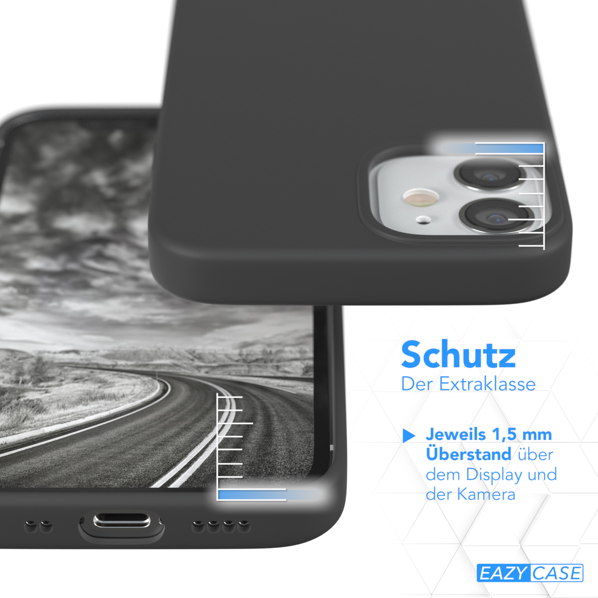Schwarze Handyhülle über Telefon, verschwommene Straßen Hintergrund.