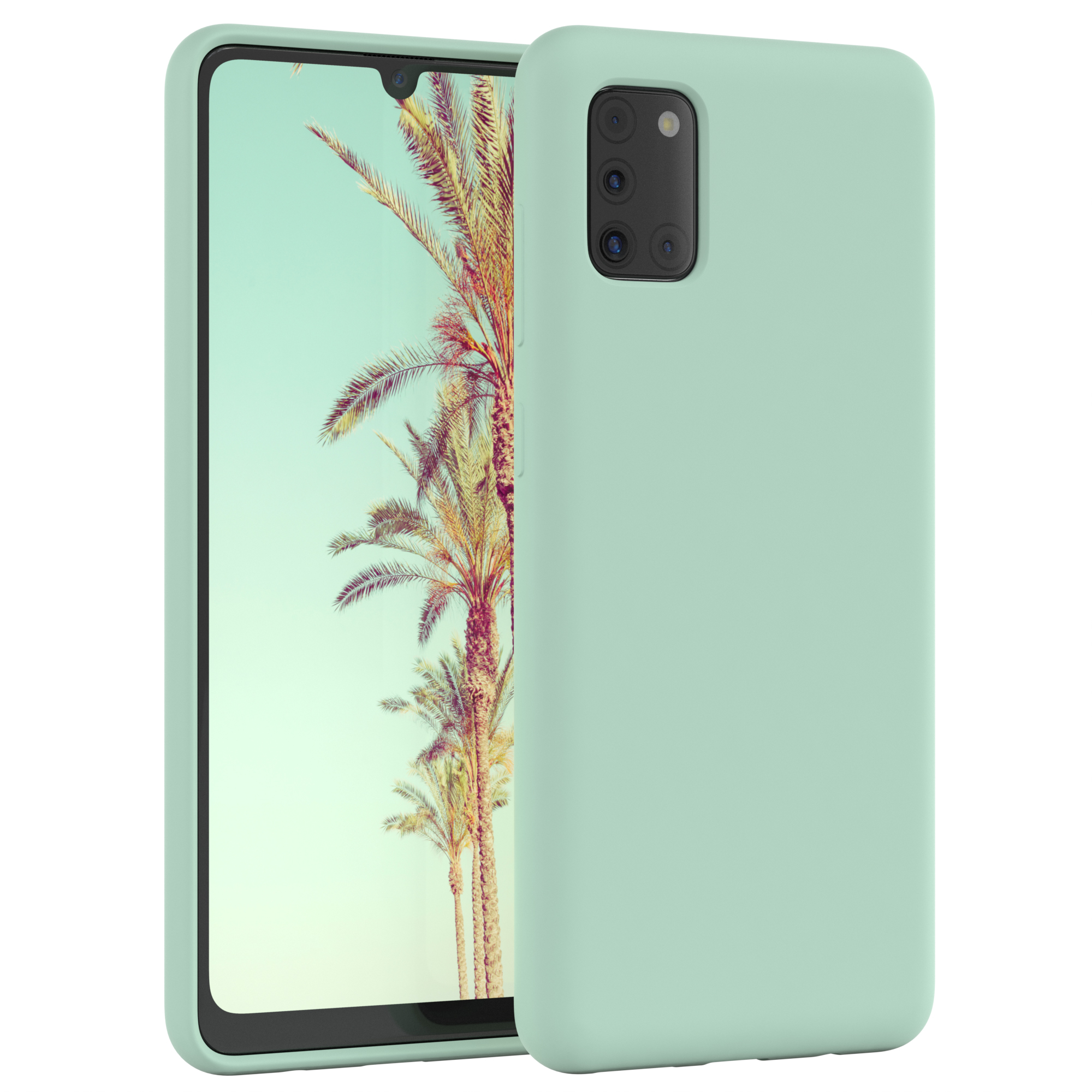 Ein Telefon mit grüner Hülle und einem Palmen-Hintergrundbild.
