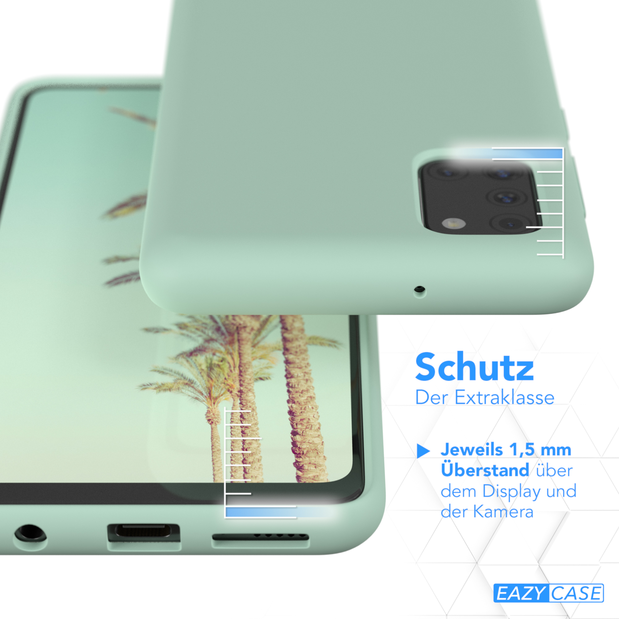 Grüne Handyhülle über einem Handy. Blauer Text: zusätzlicher Schutz. Straßen Grafik auf dem Handy-Bildschirm.