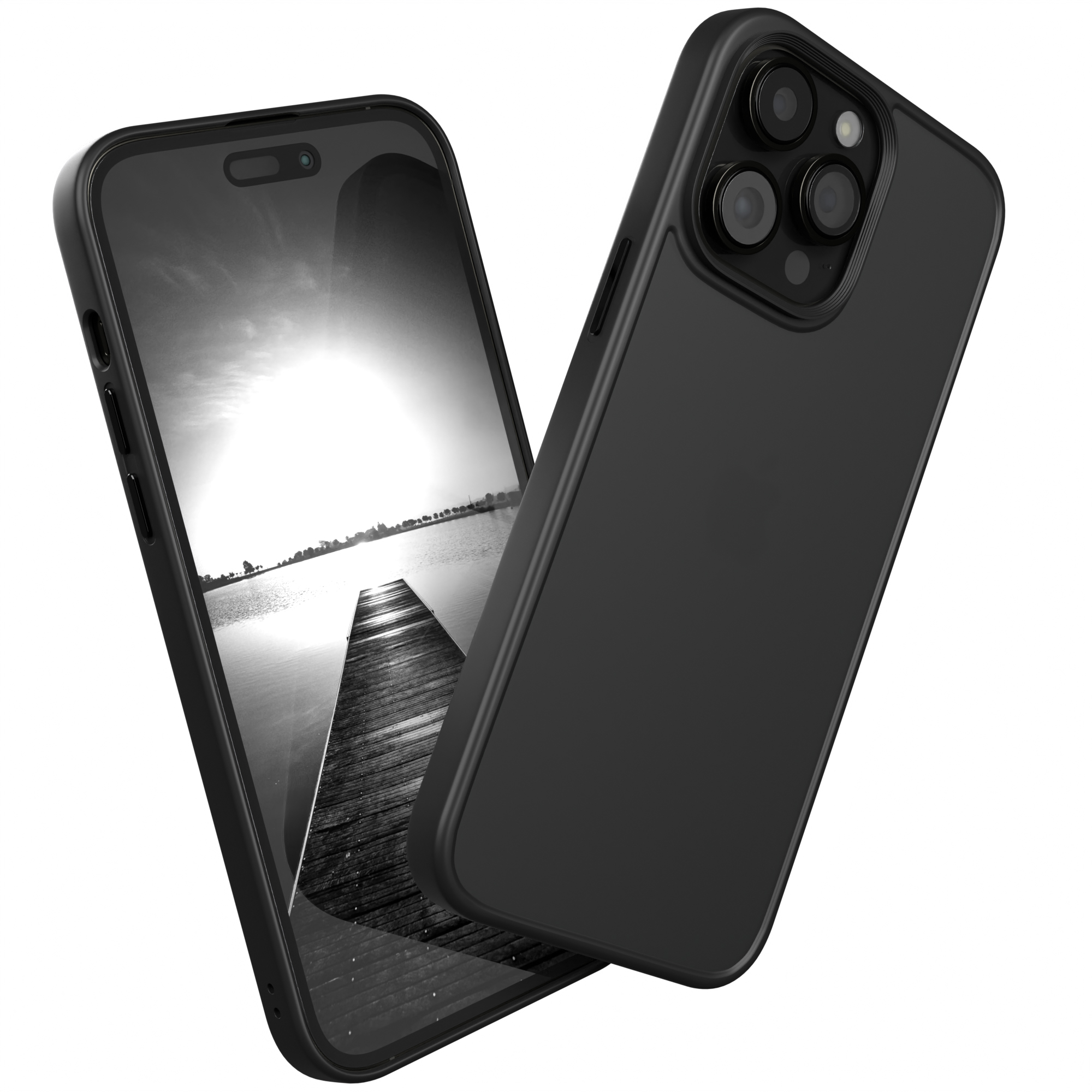 Schwarze Handyhülle mit Telefon, das eine Dock-Szene mit hölzernem Steg zeigt.