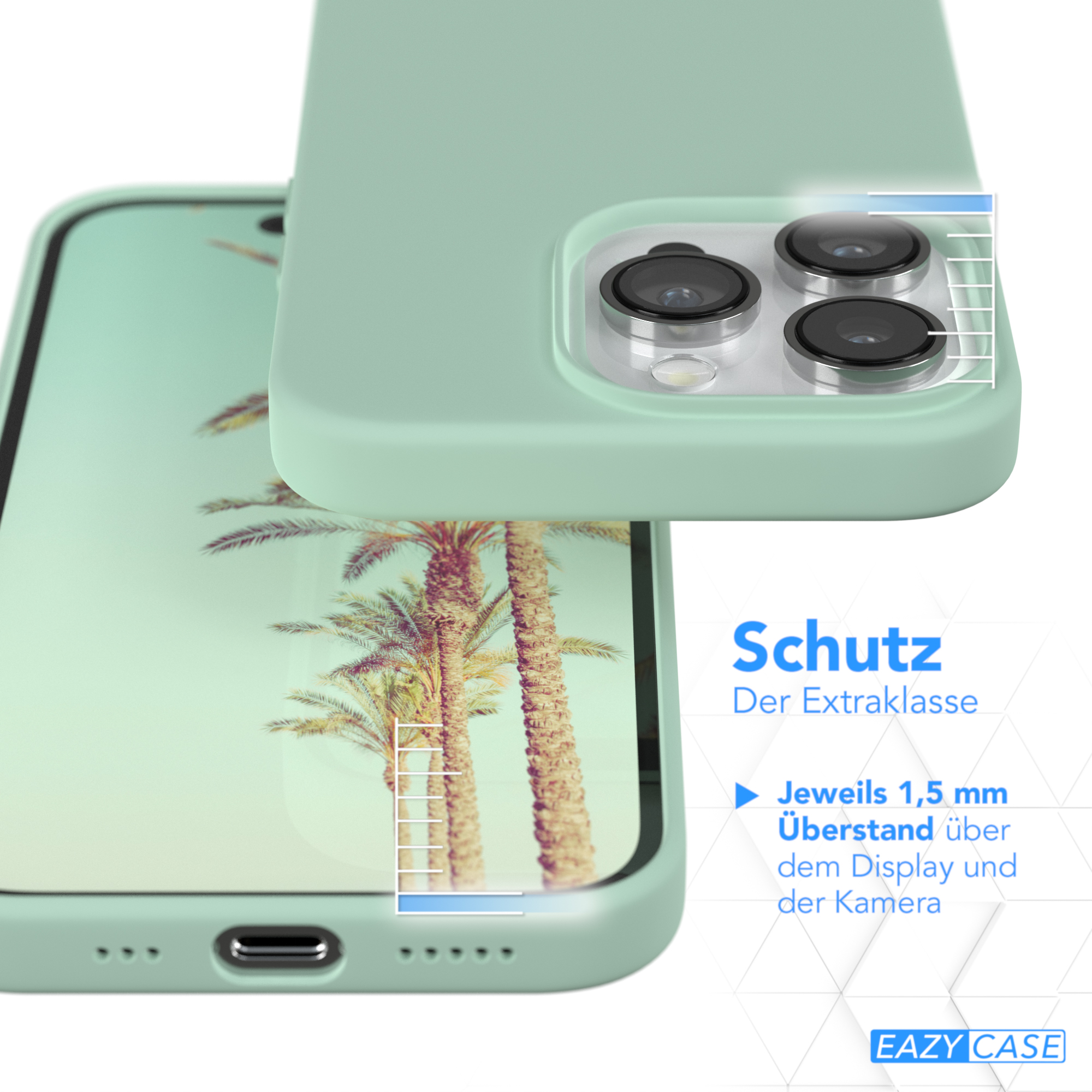Eine Handyhülle mit Schutzdetails über einem Handybildschirm mit Palmen.