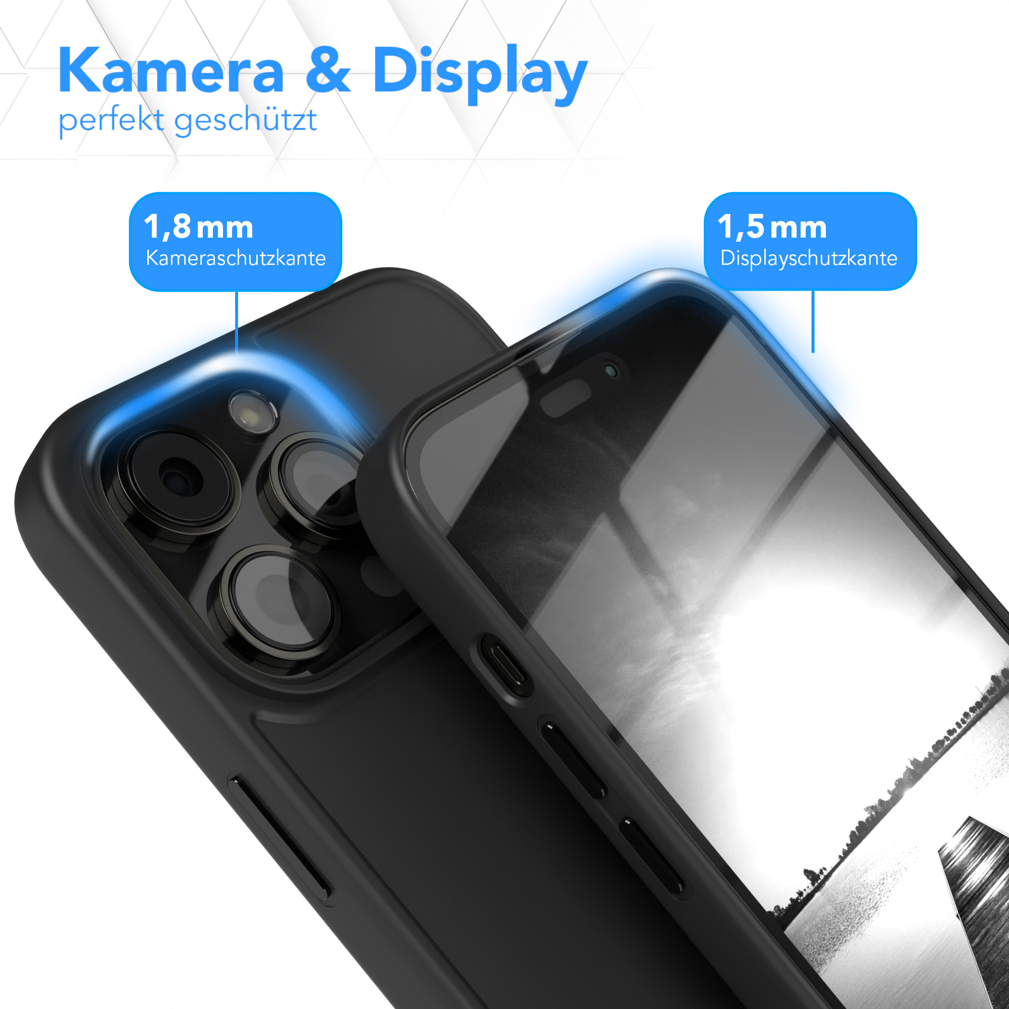 Nahaufnahme einer Handyhülle mit Kamera- und Displayschutz von 1,8 mm bzw. 1,5 mm.