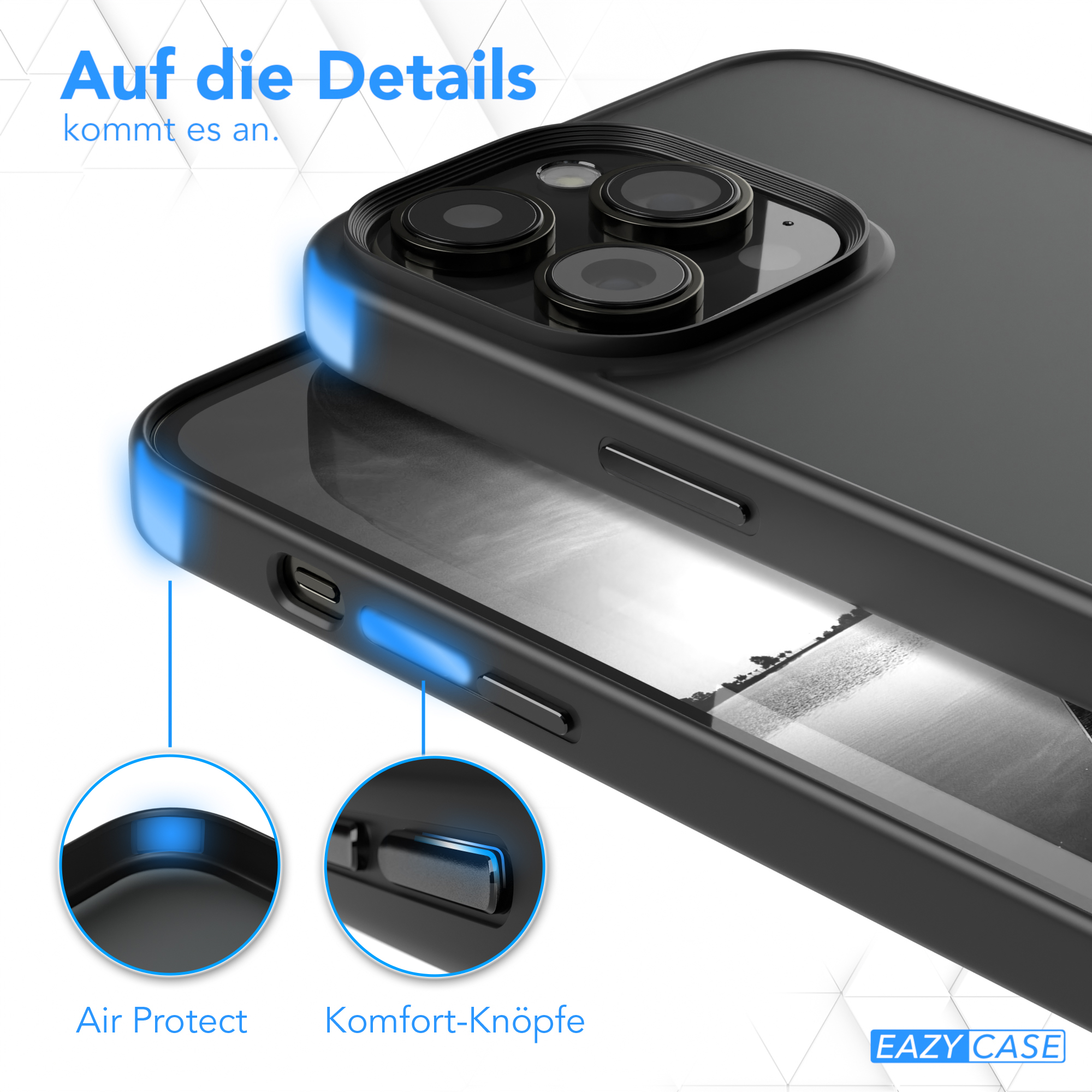 Nahaufnahme des Handyhüllen-Details. Text: 'Air Protect' und 'Komfort-Knöpfe'. Eazy Case Logo sichtbar.