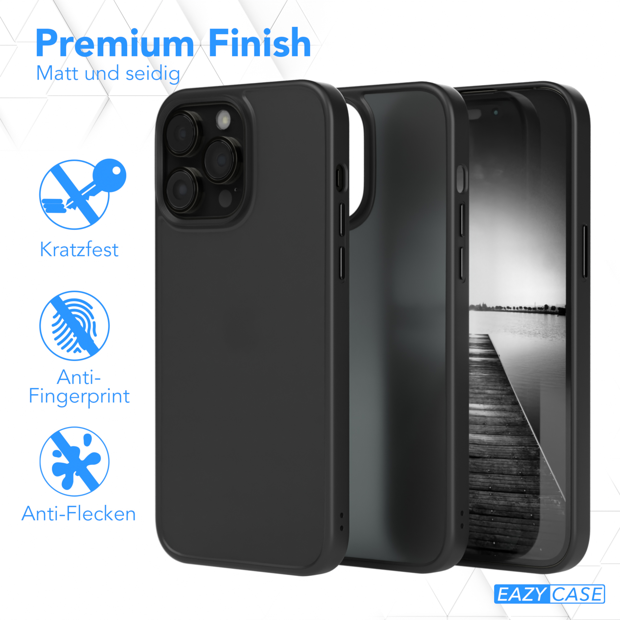 Schwarze Handyhülle mit einem Telefon. Text erwähnt Kratzfestigkeit, Anti-Fingerprint- und Anti-Flecken-Eigenschaften.