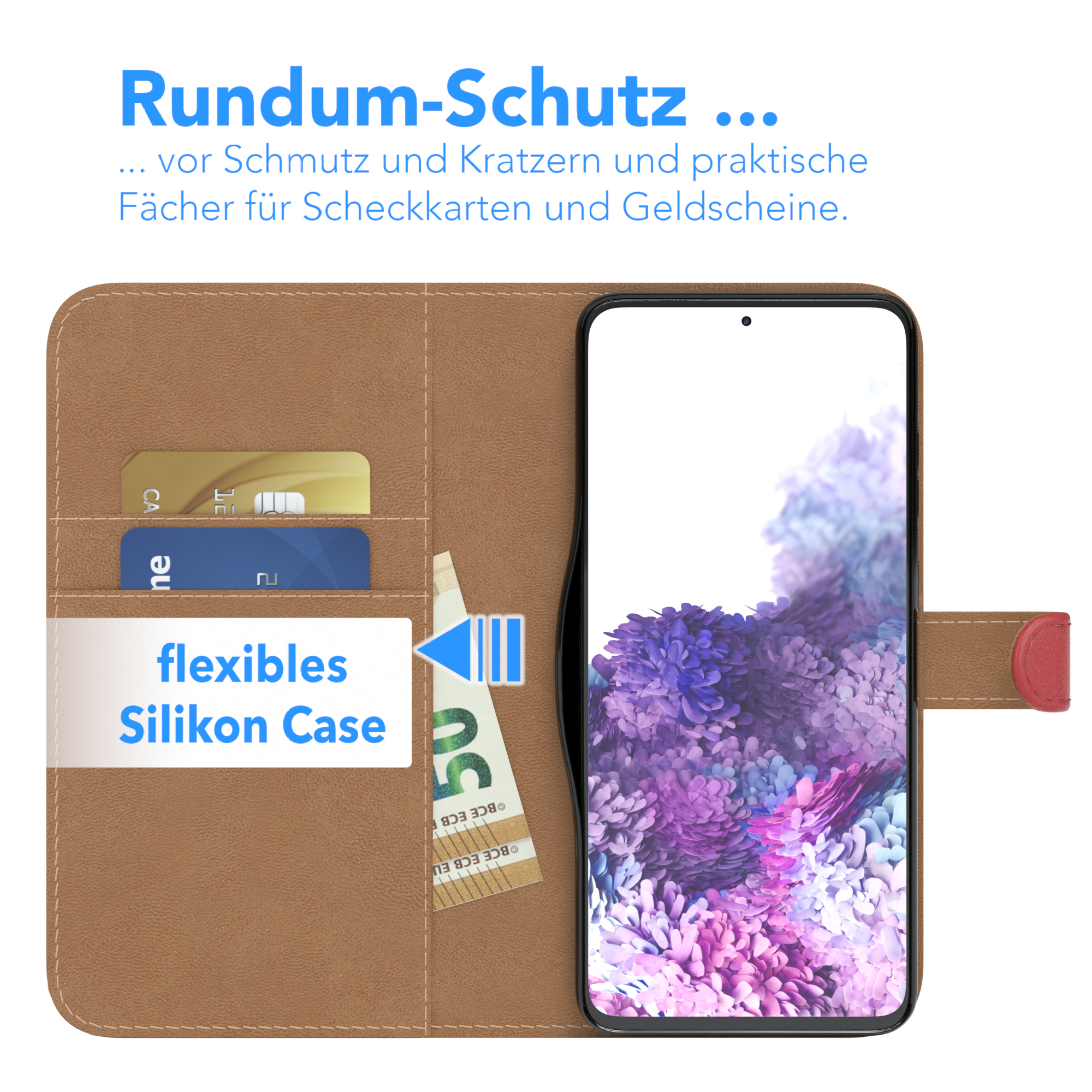Geöffnete Handyhülle mit Kreditkarten und Geld. Das Telefon ist drin.