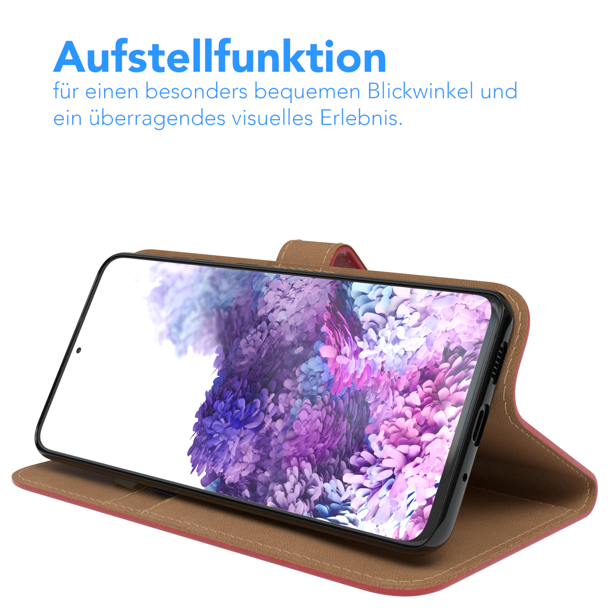 Ein Telefon in einer Hülle wird in Aufstellposition gezeigt. Die Hülle ist rot und braun, der Bildschirm ist sichtbar.