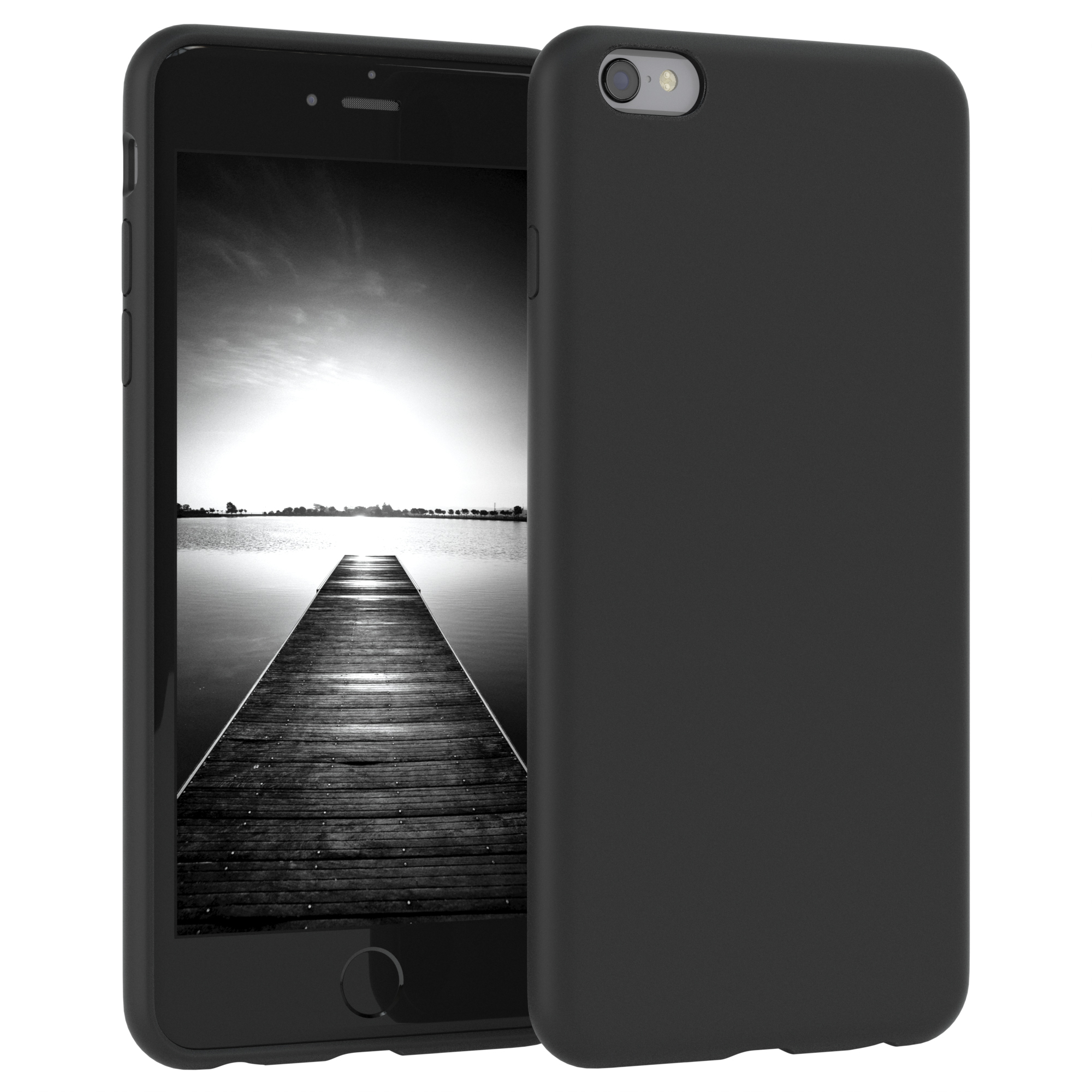 Schwarzes Telefon in schwarzer Hülle. Ein Pier auf dem Bildschirm. Schwarzweiß.