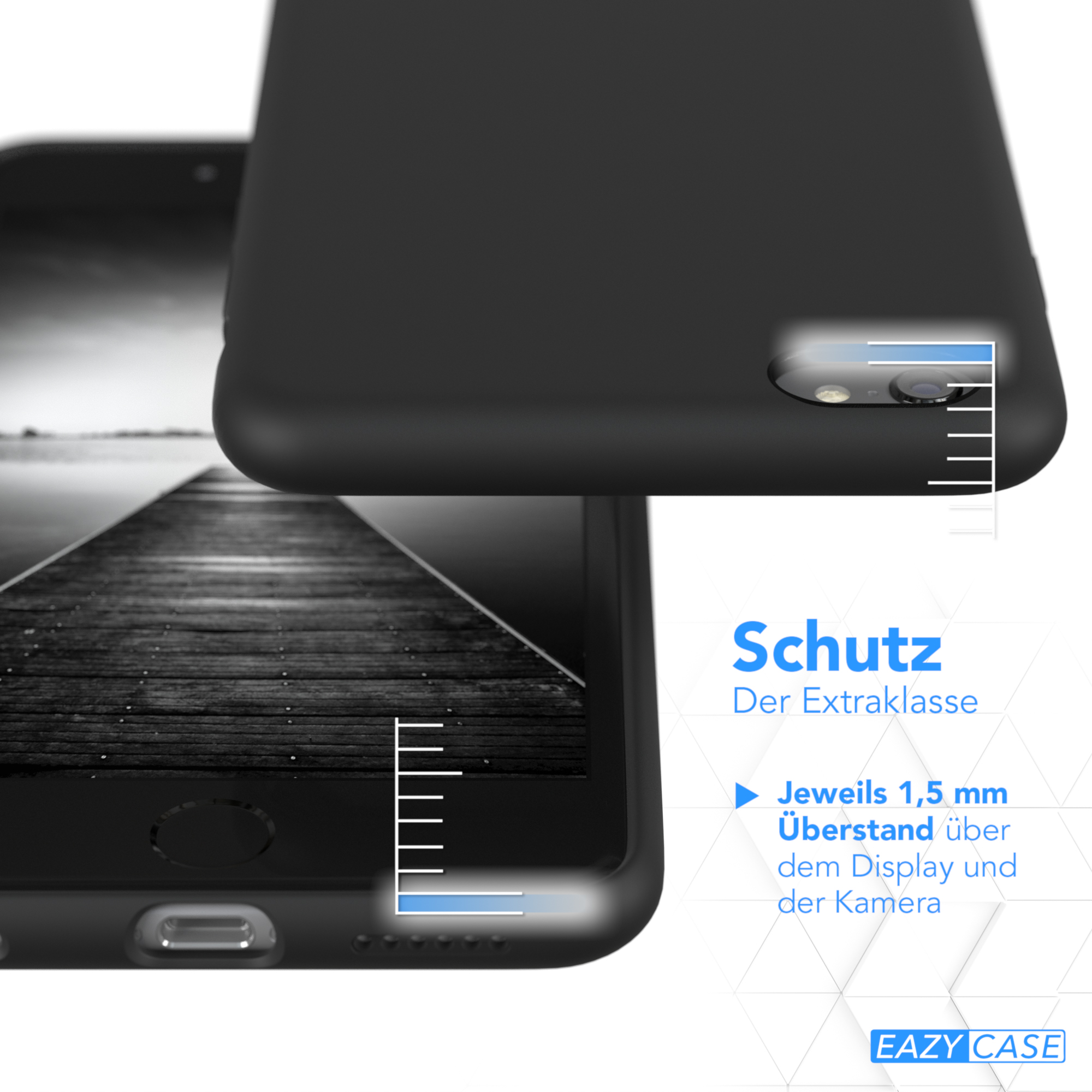 Schwarze Handyhülle vor dem Hintergrund eines Stegs. Text: Schutz, 1,5 mm über Display/Kamera.