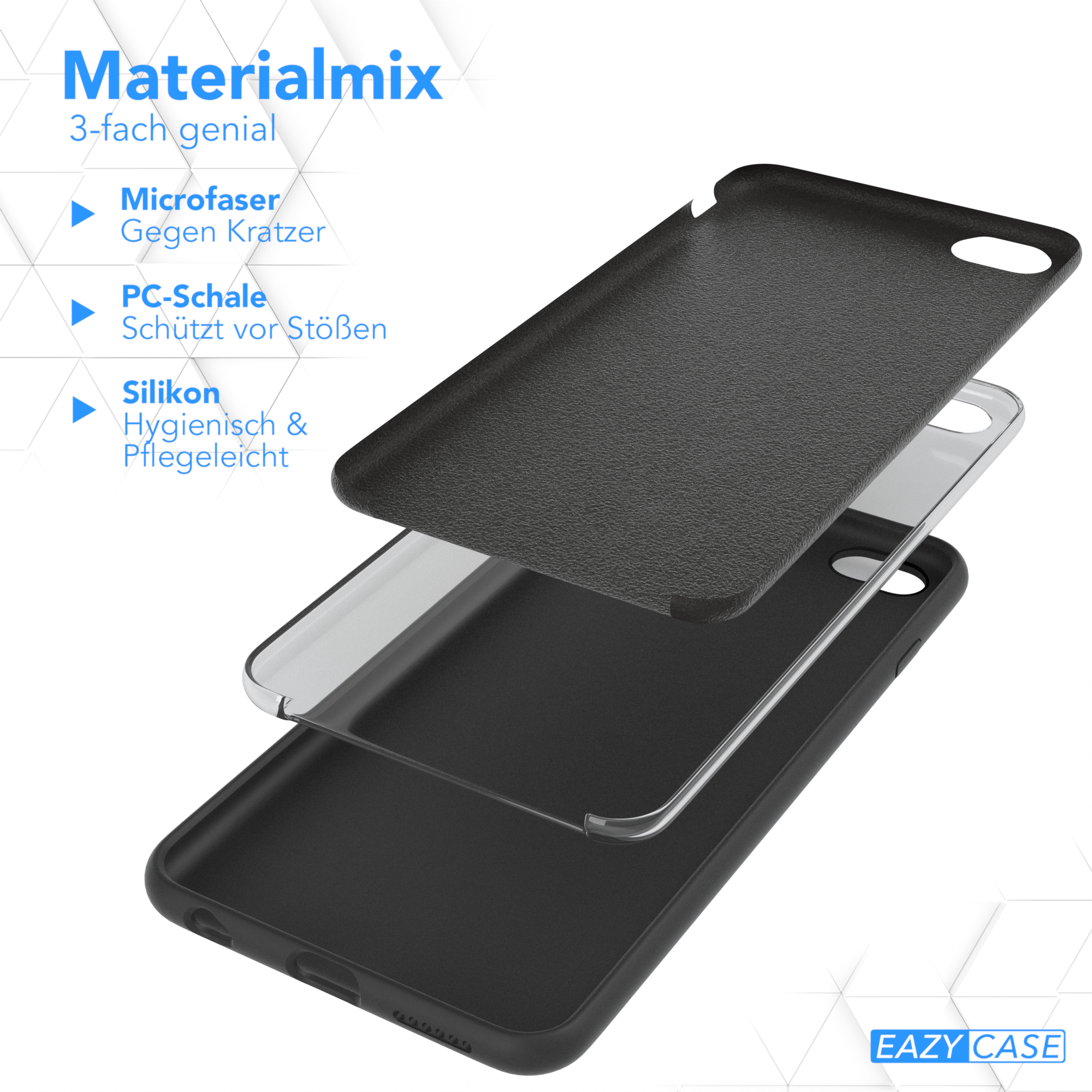Eine schwarze Handyhülle mit den geschichteten Materialien: Mikrofaser, PC-Schale und Silikon. Eazy Case Logo.