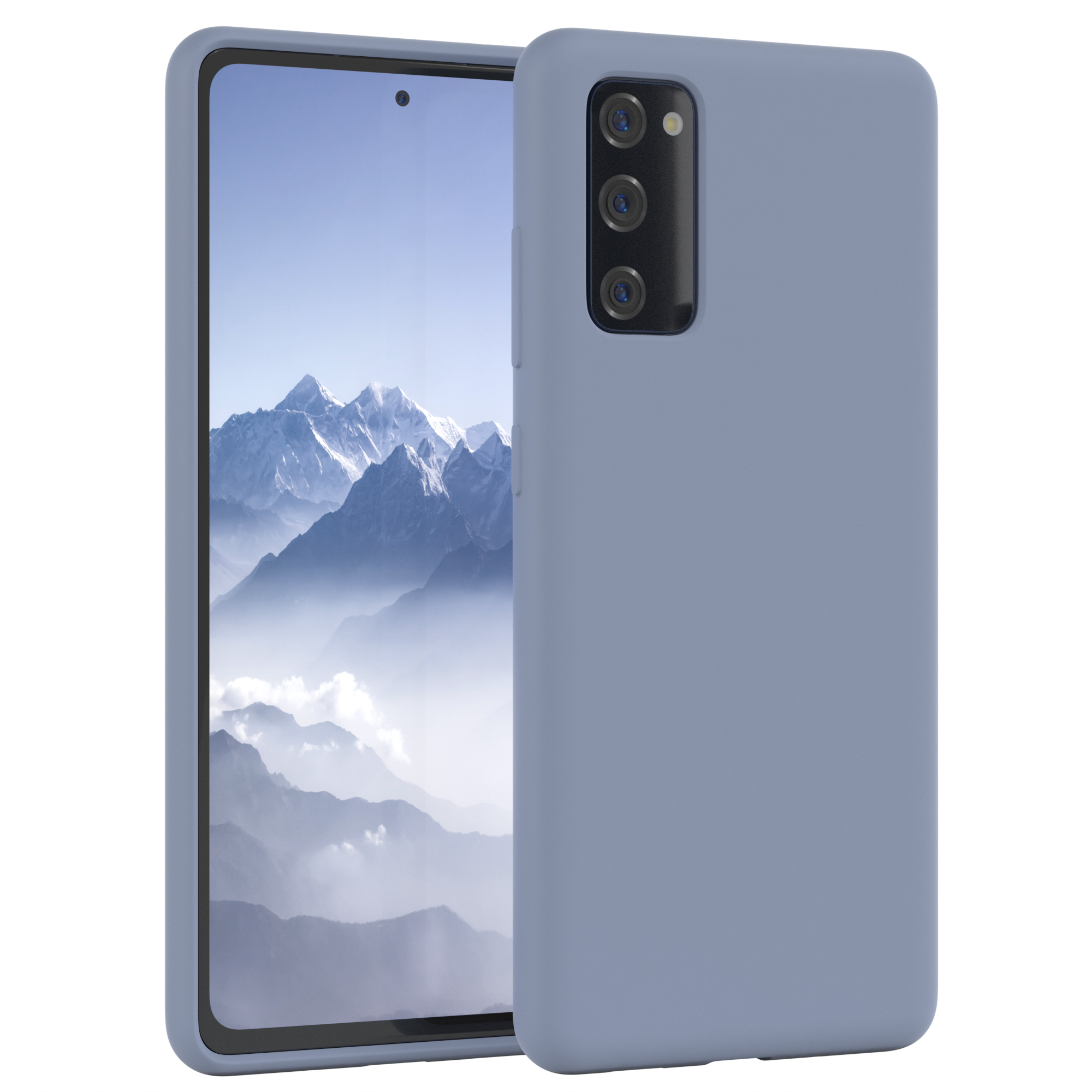Hellblaue Handyhülle neben einem Telefon. Der Bildschirm zeigt eine blau-weiße Landschaft.