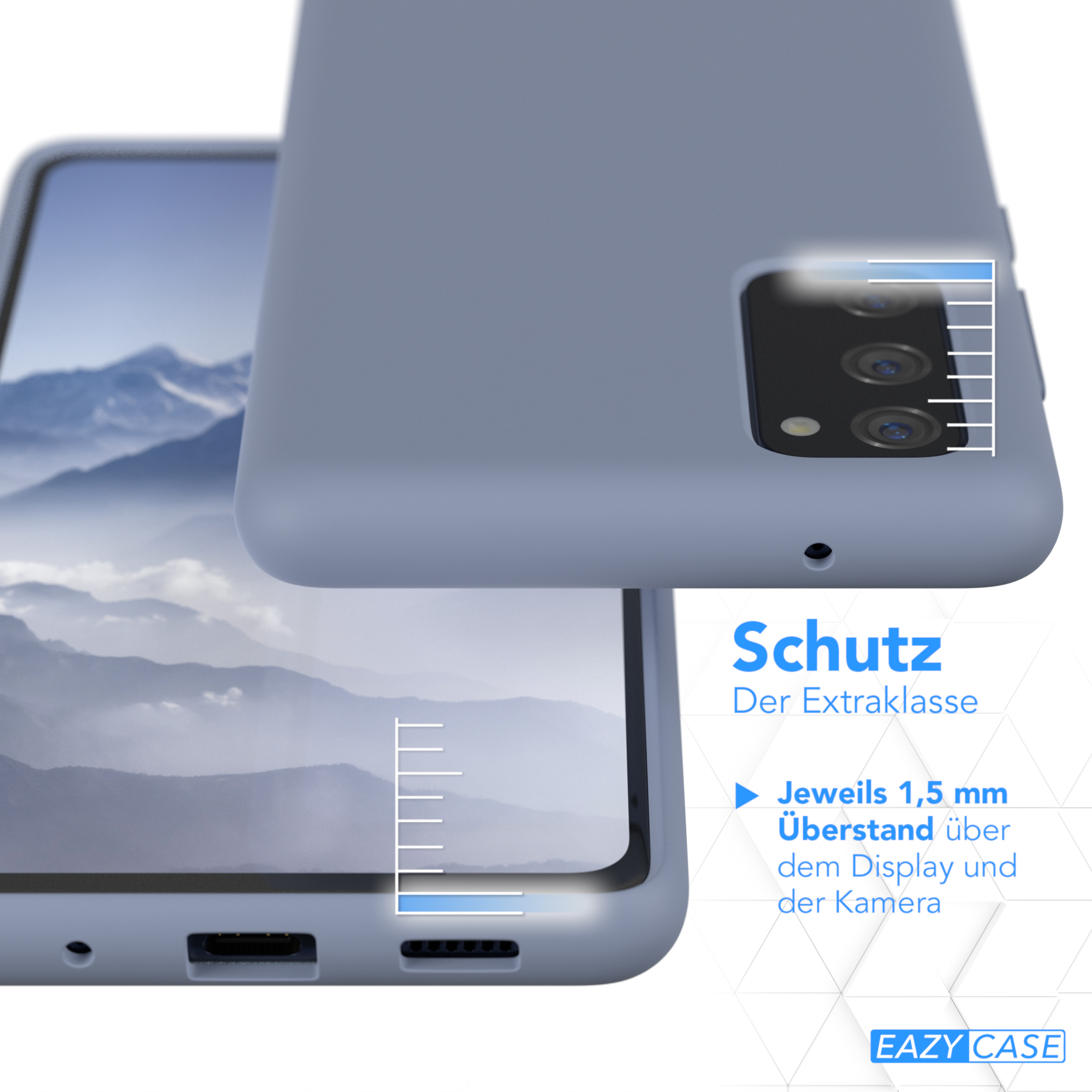 Handyhülle mit Telefon. Text: Schutz. 1,5 mm über Display und Kamera. Blaue Hülle.