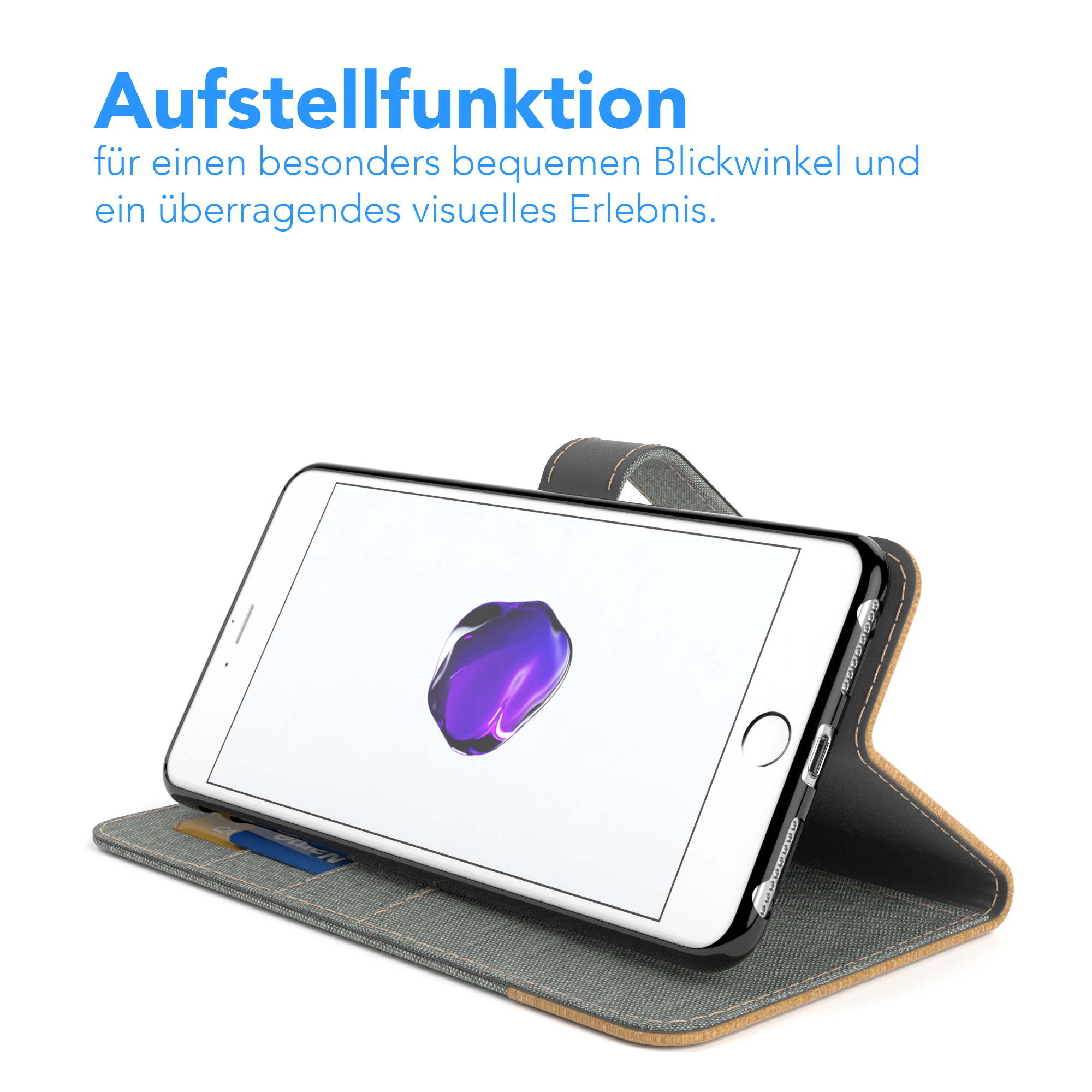 Ein Telefon in einer Hülle aufgestellt. Der Bildschirm ist sichtbar. Text weist auf die Aufstellfunktion hin.
