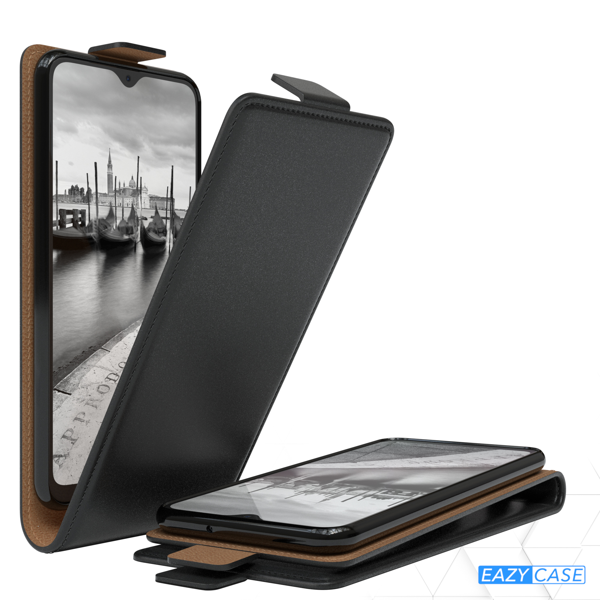 Schwarze Handyhülle mit einem Telefon, das ein Venedig-Bild zeigt. Teile sind getrennt.