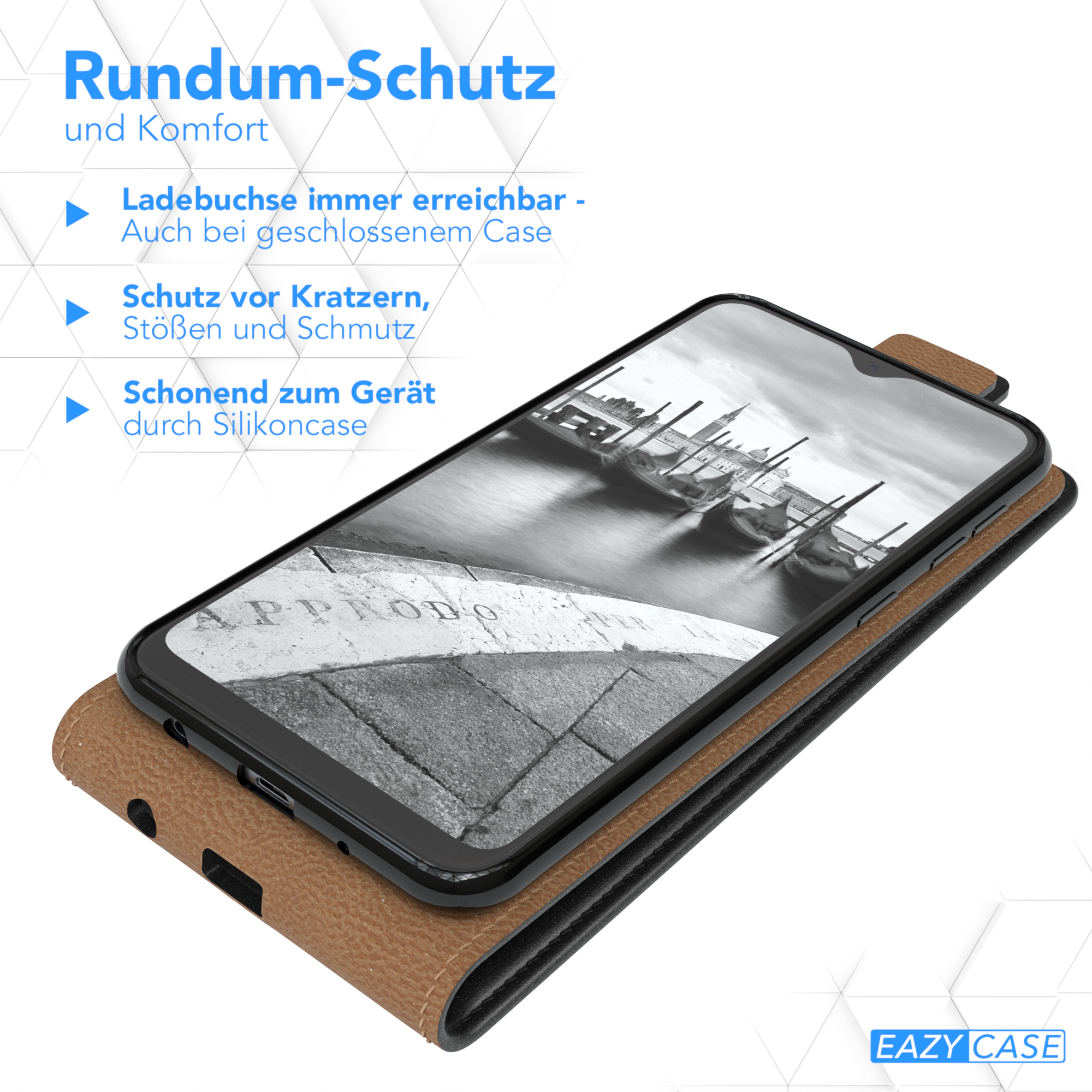 Ein Telefon in einer Lederhülle, zeigt den Bildschirm mit einer Kanalszene. Texte beschreiben den Schutz.