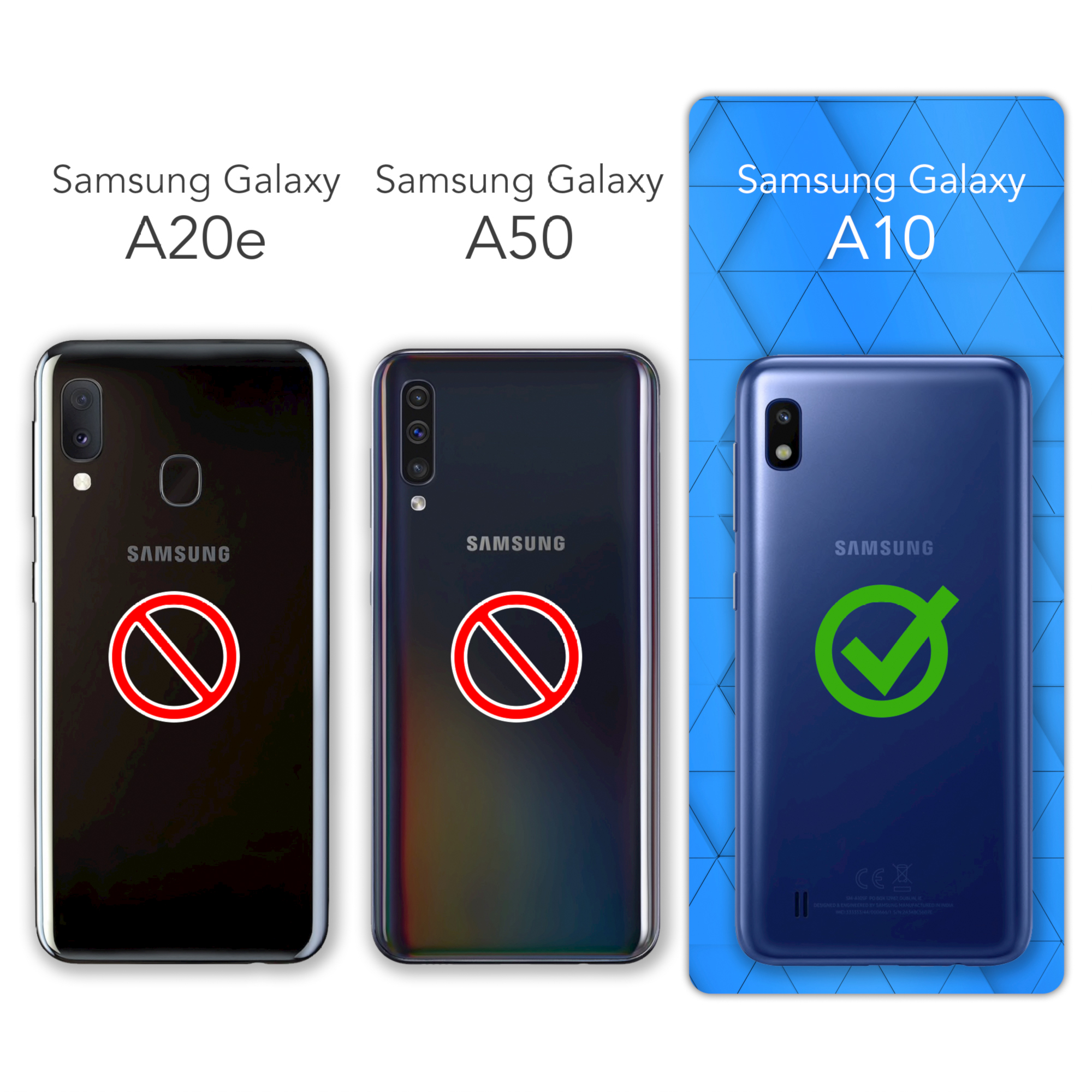 Drei Samsung Galaxy-Telefone: A20e, A50 und A10. Das A10 hat ein grünes Häkchen.