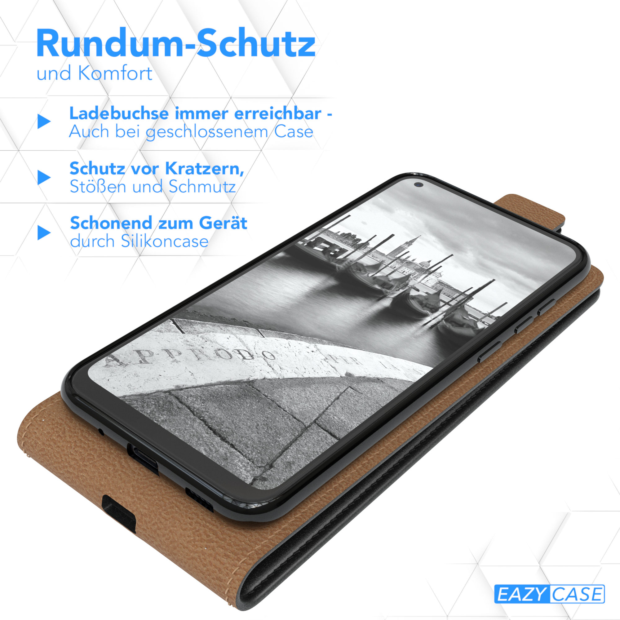 Ein Telefon in einer braunen Hülle, mit Text, der Schutzfunktionen hervorhebt.