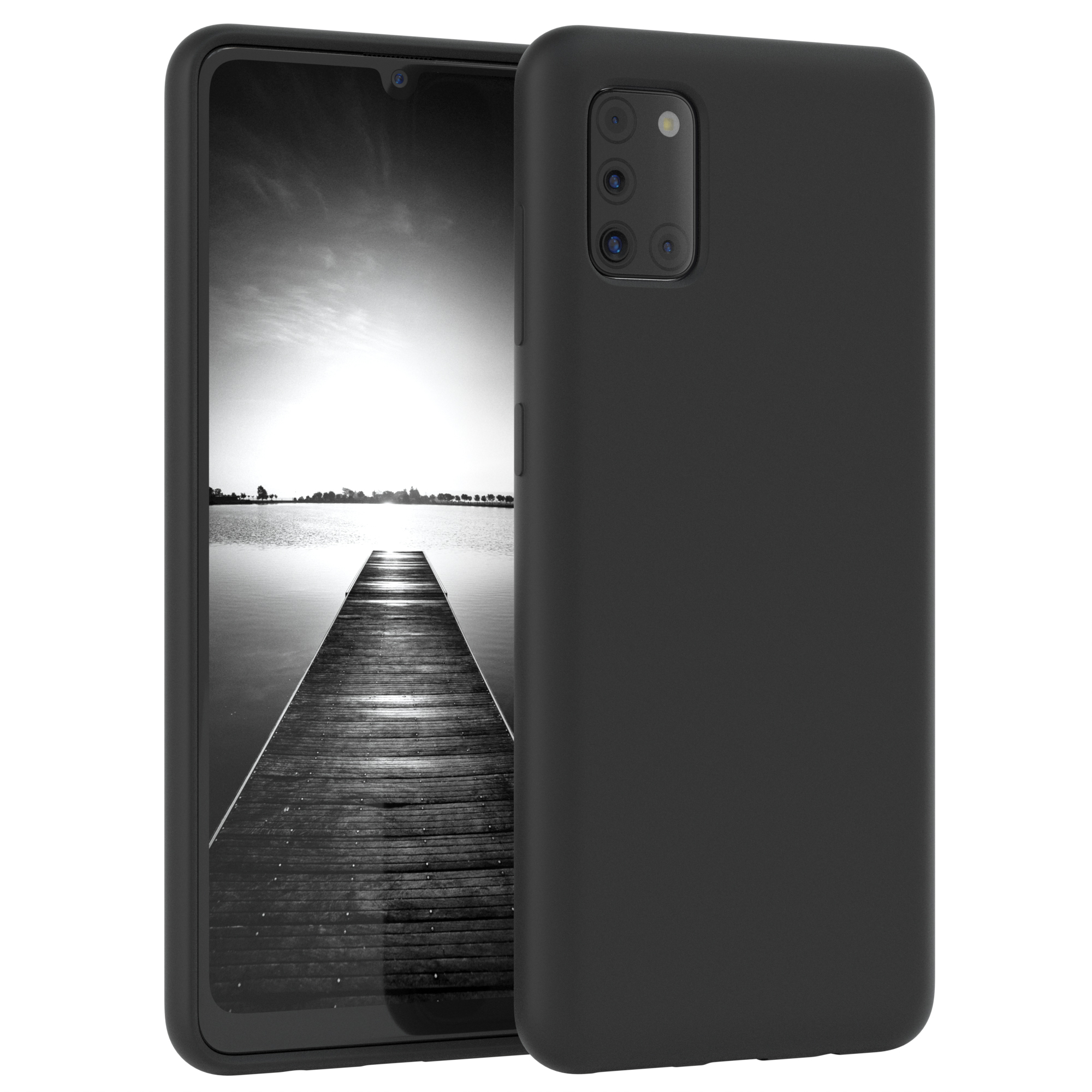 Schwarzes Telefon in Hülle. Hülle offen, Rückseite des Telefons sichtbar. See-Bild auf dem Bildschirm.
