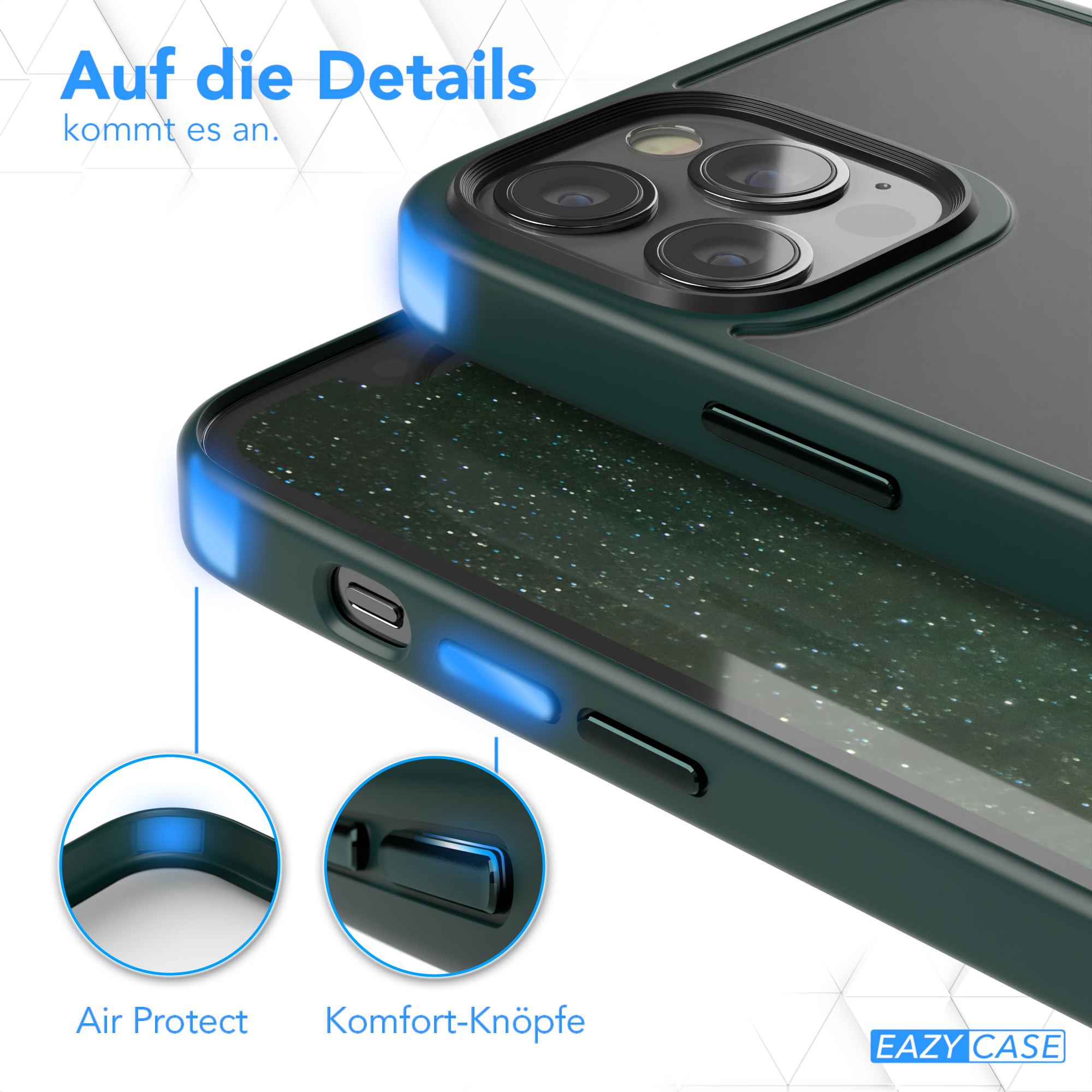 Nahaufnahme einer grünen Handyhülle. Details der Hülle werden mit blauem Licht und Text hervorgehoben.