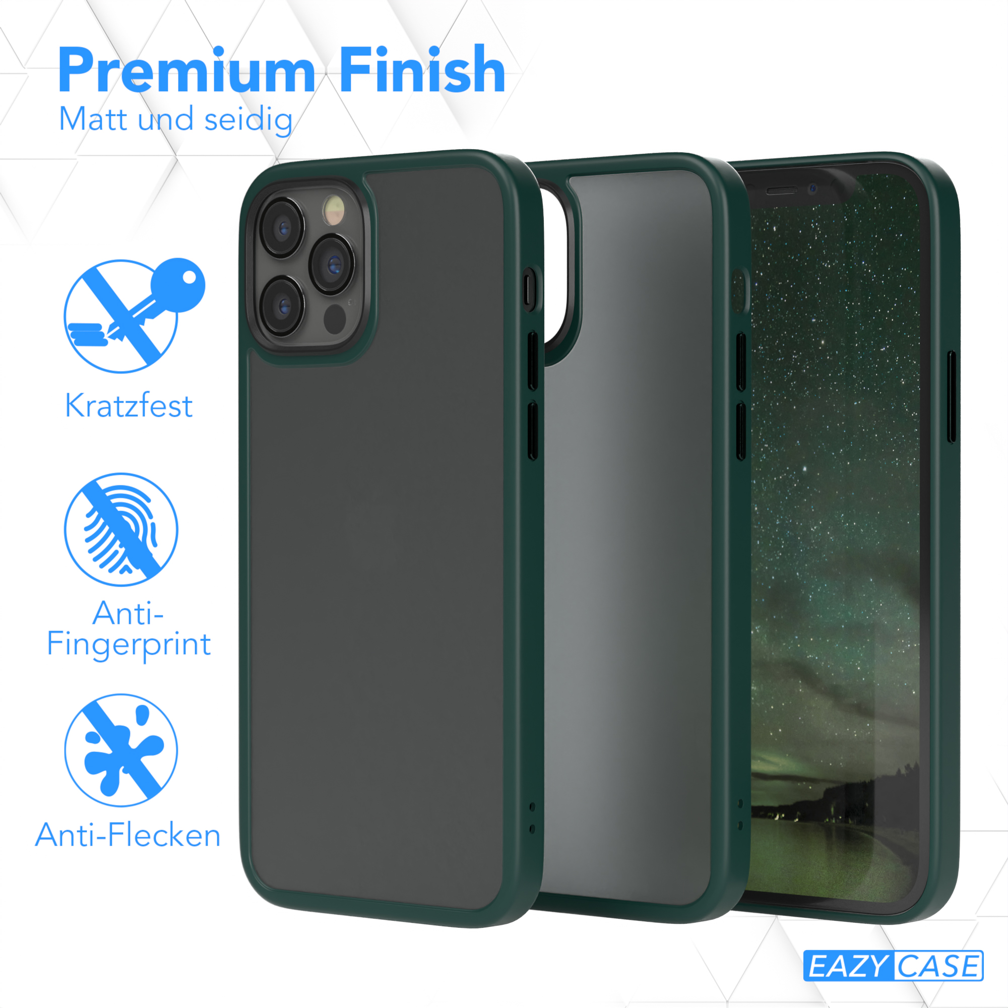Drei Handyhüllen, dunkelgrüner Rahmen und schwarze Rückseite. Text: Premium Finish. Kratzfest, Anti-Fingerprint, Anti-Flecken.