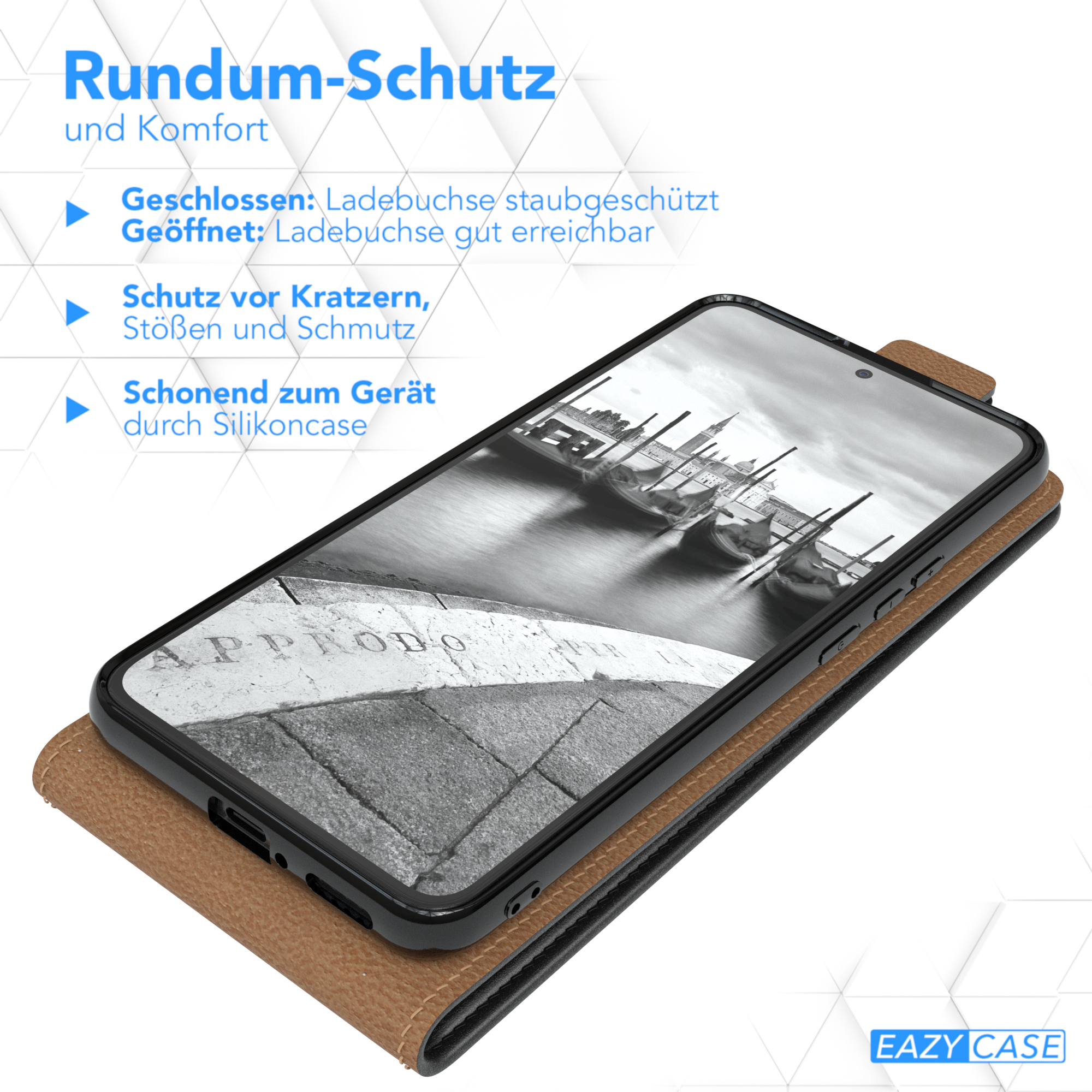 Geöffnete Handyhülle mit Telefon. Text auf Deutsch. Braune Hülle und Telefon.