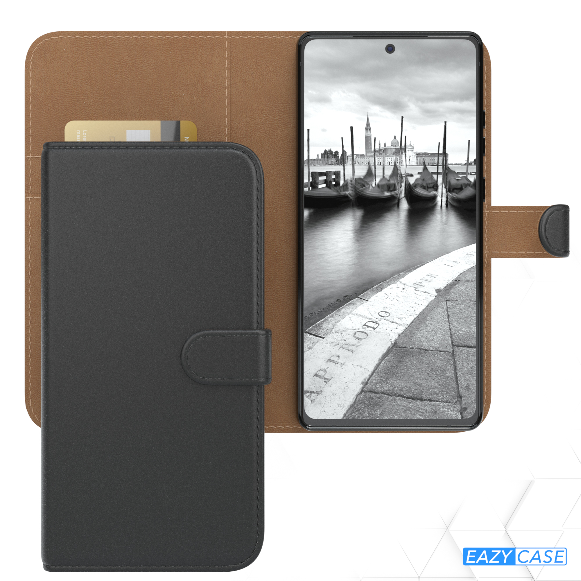 Schwarze Handyhülle mit Karte und Telefon mit Venedig-Foto. Marke: EAZY CASE.