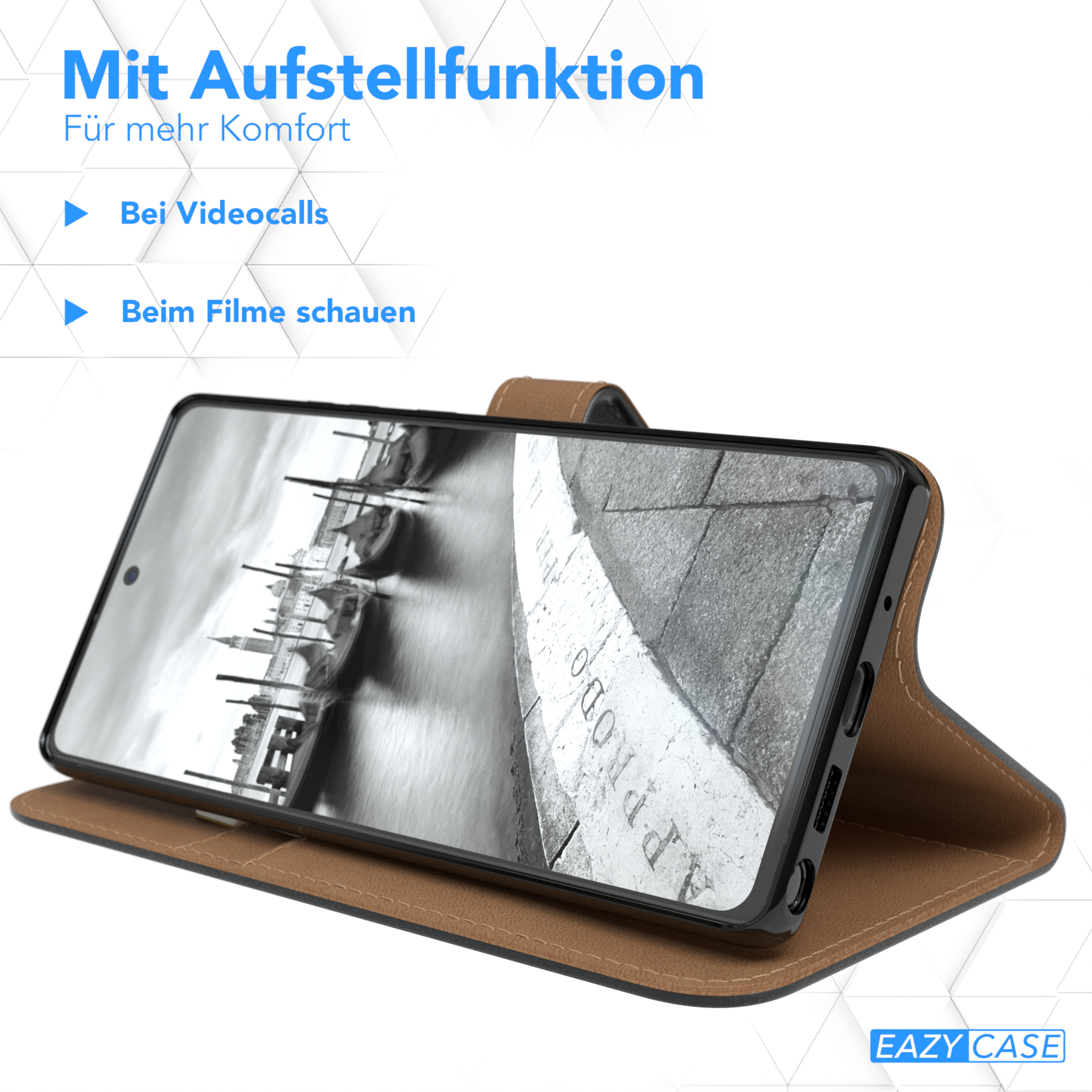 Telefon in brauner Hülle, offen. Text: 'Mit Aufstellfunktion'. Bildschirm zeigt Foto von Appiodoro.