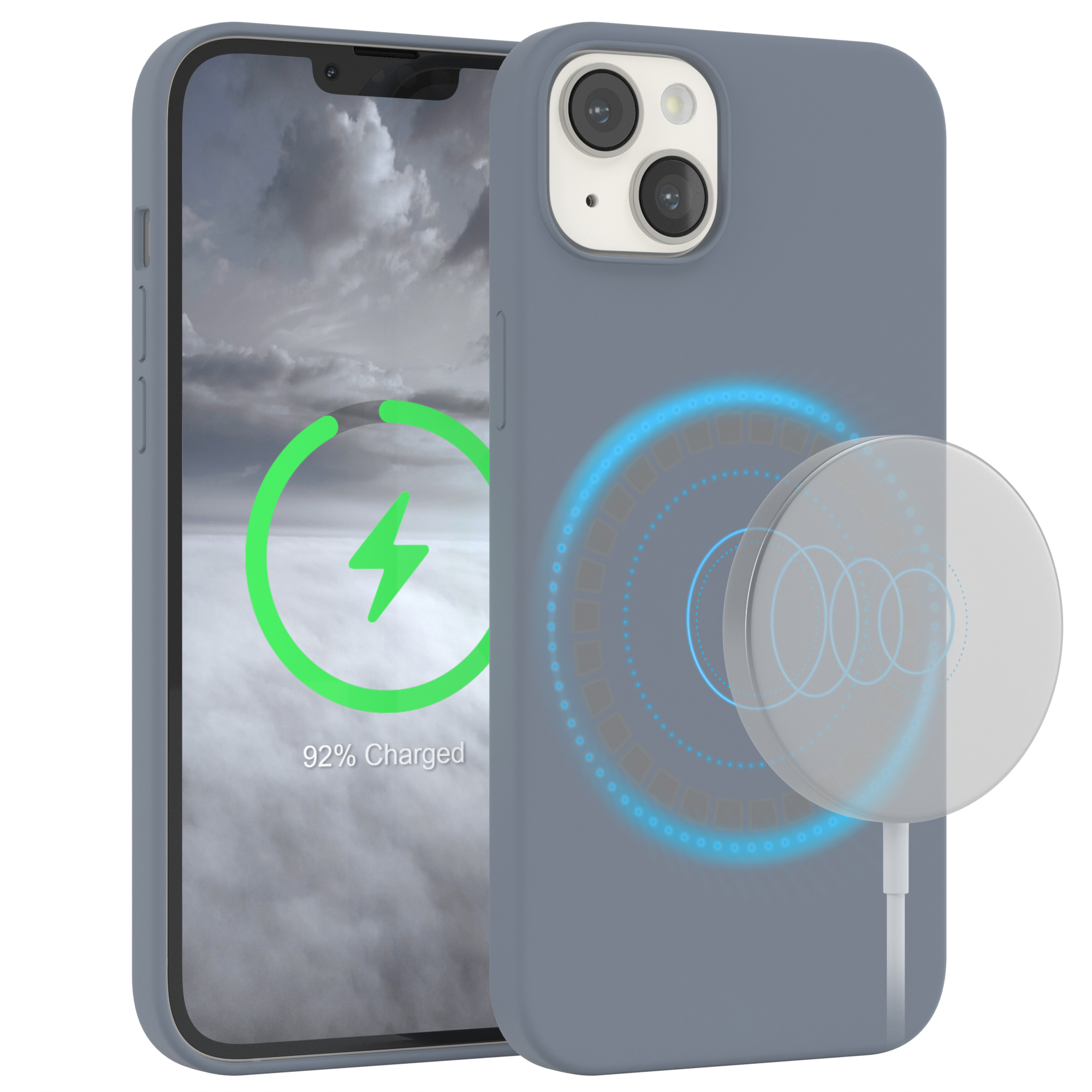 Zwei Telefone, eines mit grauem Gehäuse und das andere mit Ladepad. Beide sind angewinkelt.
