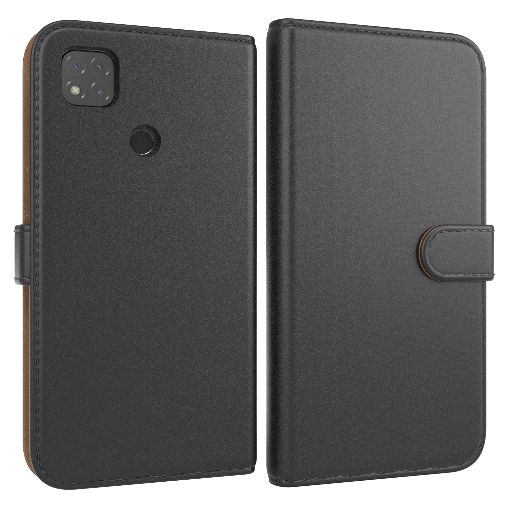 Schwarze Handyhülle, offen, zeigt ein Telefon und ein braunes Lederdetail.