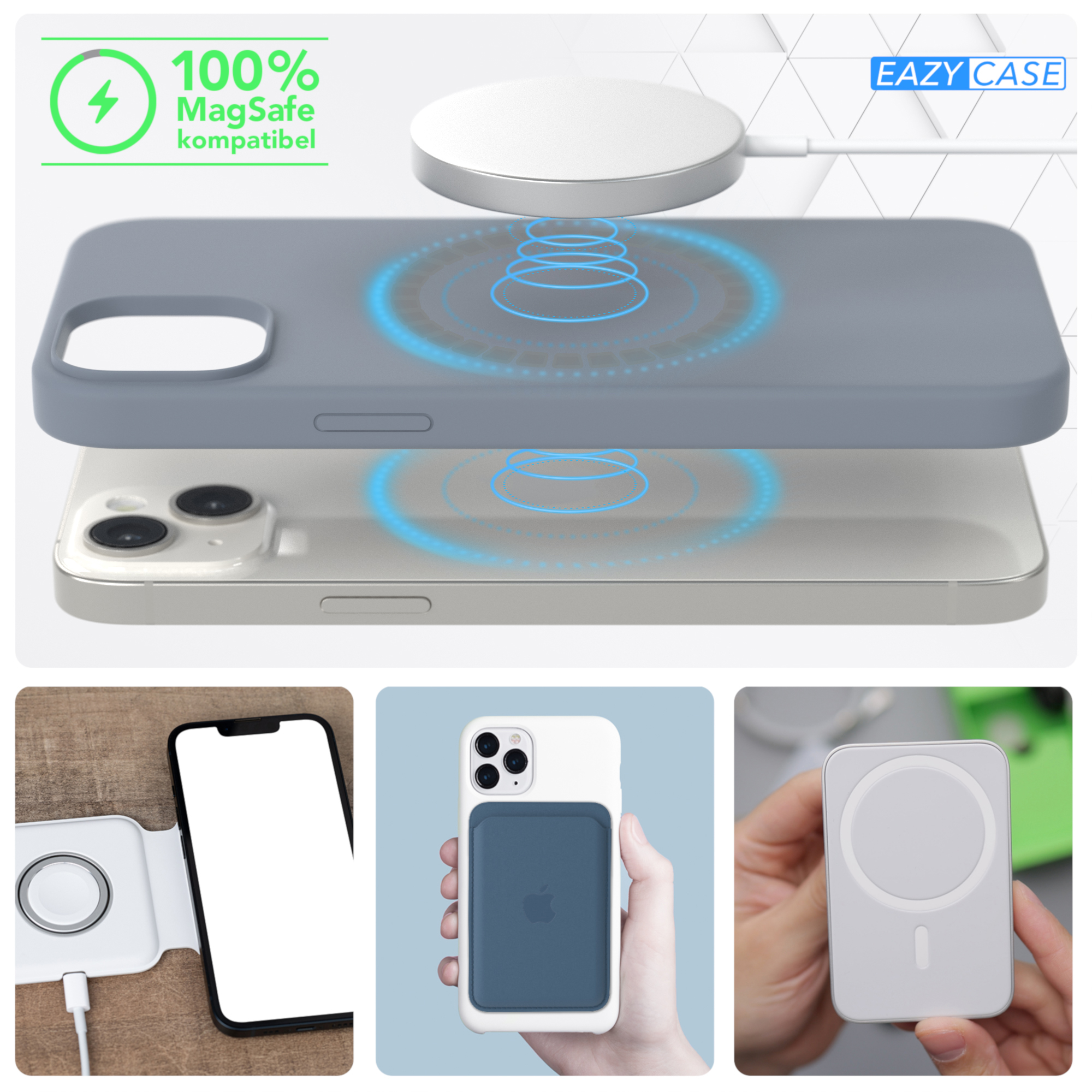 Telefon mit Hülle und MagSafe-Ladegerät. Text zeigt 100% MagSafe-Kompatibilität. Drei verwandte Bilder.